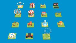 Amusement park scene, park, playground, amusement, low-poly, lowpoly, coaster-roller, coaster-merry-go-round, wheel-ferris