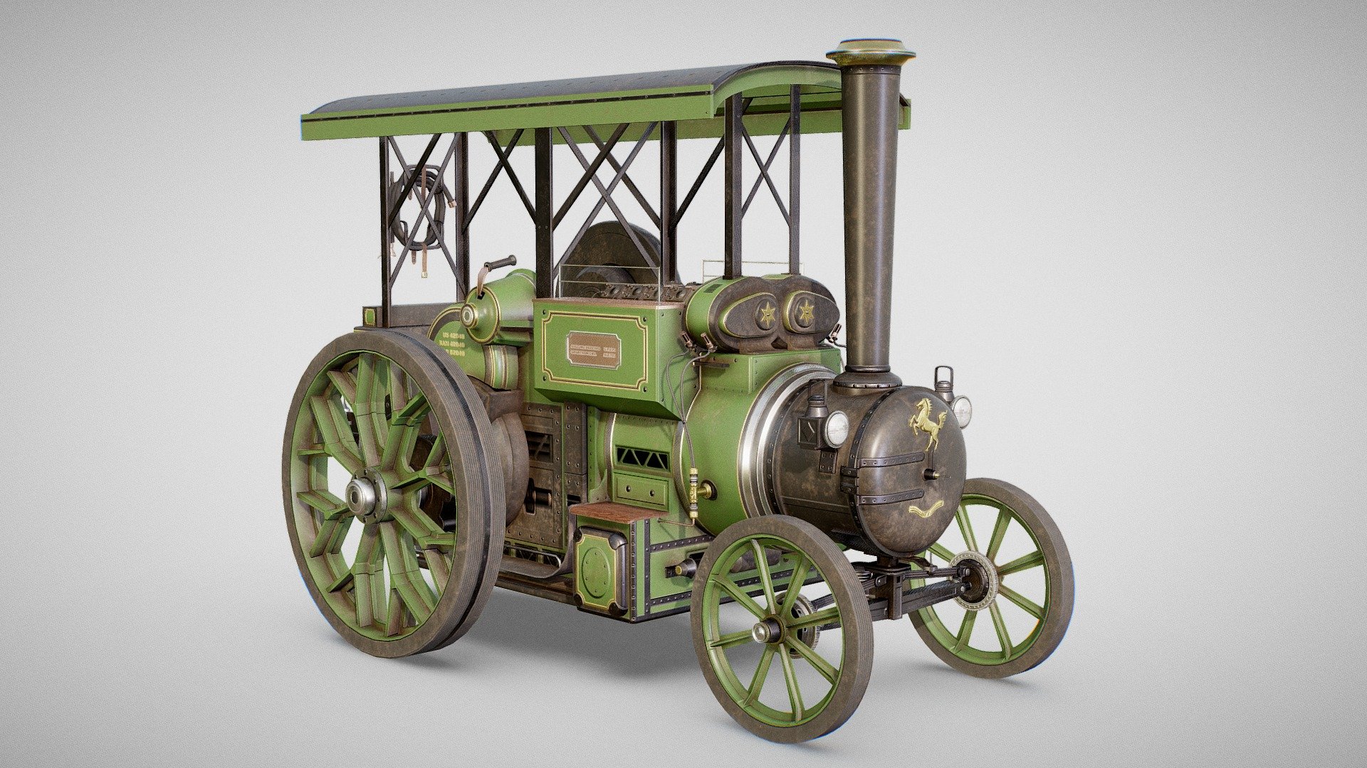 3D model of an Aveling Barford steam tractor created using reference pictures. For a stylized version, check https://skfb.ly/6KOzW.

3D Model:





Modeled with Blender 2.80 Beta.




BLEND, FBX, OBJ, STL and DAE formats.



Textures:





Created with Substance Painter.




2 Texture Sets for the complete model (body and details).




2x 4K 8-bit PNG format.




PBR Metal/Roughness standard.


