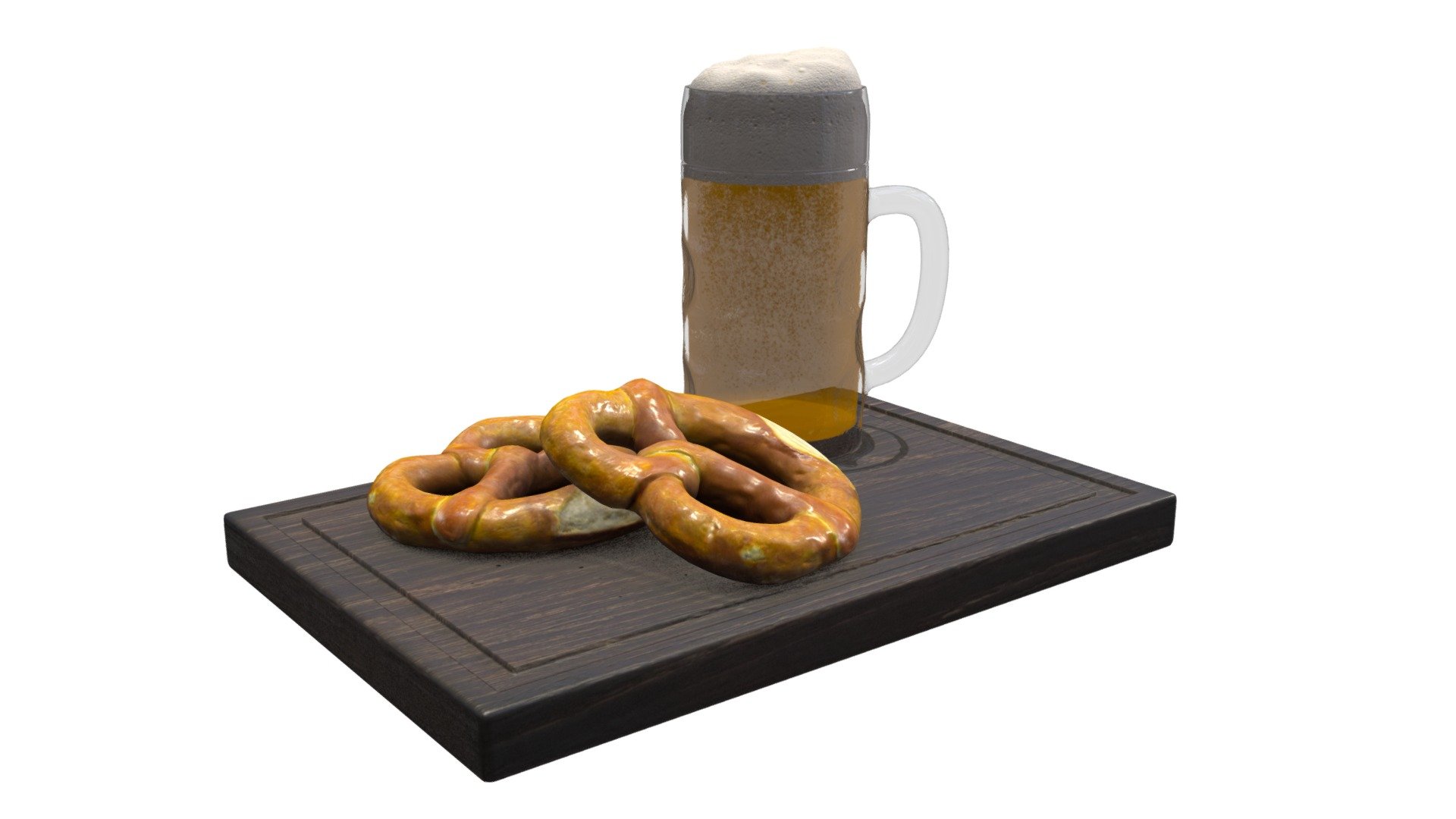 High-quality 3d model of a rustic board with a Mug of Beer, and two large pretzels. PBR version

27972 triangles