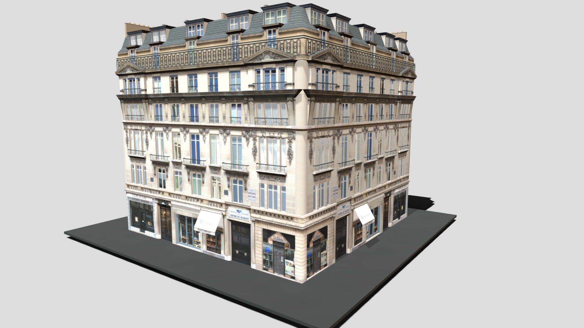 Typical Parisian Apartment Building 19
Originally created with 3ds Max 2015 and rendered in V-Ray 3.0. 

Total Poly Counts:
Poly Count = 38081
Vertex Count = 46321

https://nuralam3d.blogspot.com/2021/09/typical-parisian-apartment-building-19.html