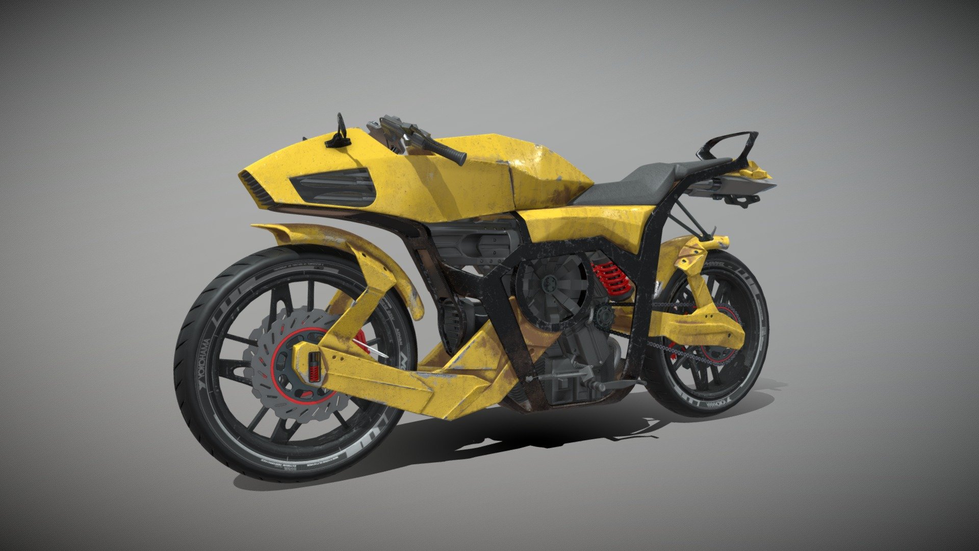 I fully designed this motorcycle as an exercice of design. This model has nothing to do with any design team. The UV are developed, the motorbike is accountable with any game engine or other 3D software. High quality polygonal model -Models resolutions are optimized for polygon efficiency.
Details about the project : 
https://www.behance.net/gallery/96956243/Futuristic-motorcycle

Animation :
- Shock absorbers are functional
- The bike can turn
- The wheels turn, the chain too

Creating a design from scratch takes way more time than reproducing an existing one. This is why prices are a bit higher than some other products. The advantage is that my designs are royalty free, that means you can use it in any support.