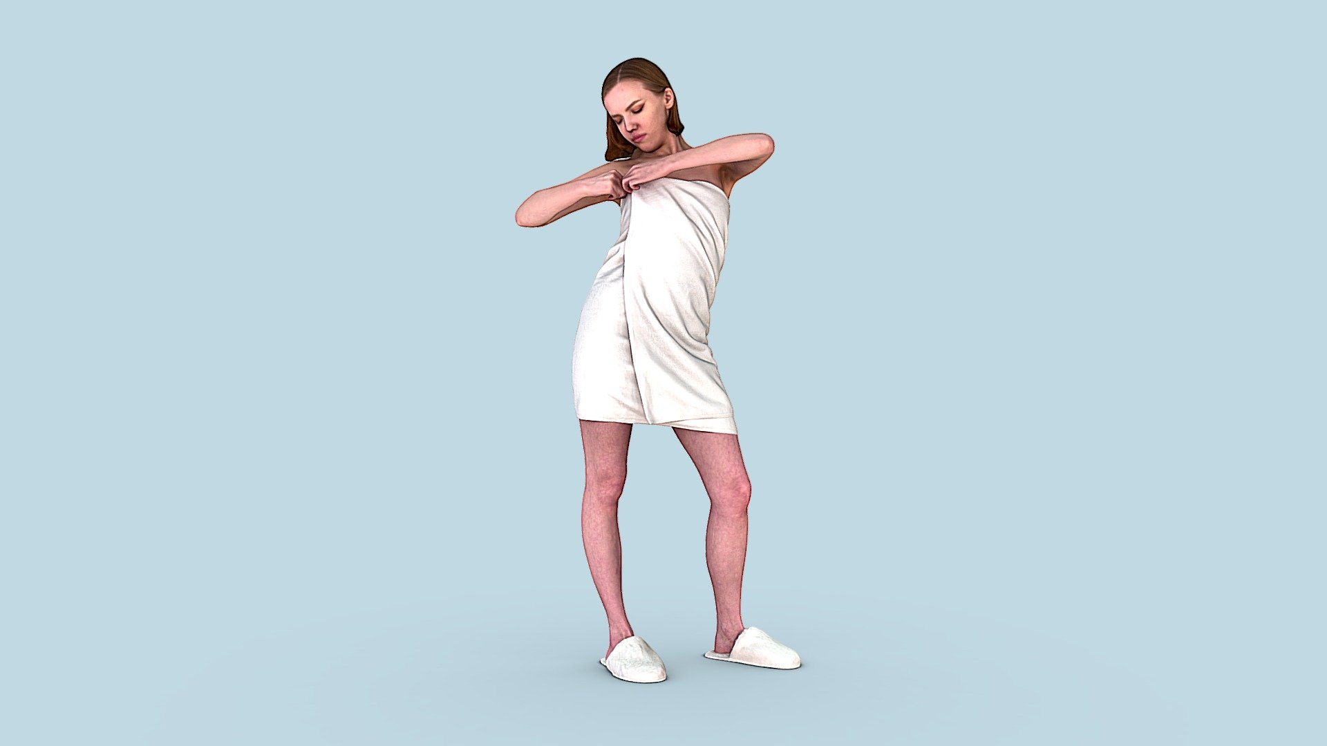 Follow us on instagram 👍🏻

✉️ After sleep and morning shower, a young light-skinned petite blonde is standing in the bathroom. She straightens a large white terry towel on herself, standing in white soft slippers. The arms are bent at the elbows, the girl's gaze is lowered. It turns slightly to the right, the curves of the body are visible.

🦾 This model will be an excellent mid-range participant. It does not need to be very close and try to see the details, it reveals and demonstrates its texture as much as possible in case of a certain distance from the foreground.

⚙️ Photorealistic Casual Character 3d model ready for Virtual Reality (VR), Augmented Reality (AR), games and other real-time apps. Suitable for the architectural visualization and another graphical projects. 50 000 polygons per model.