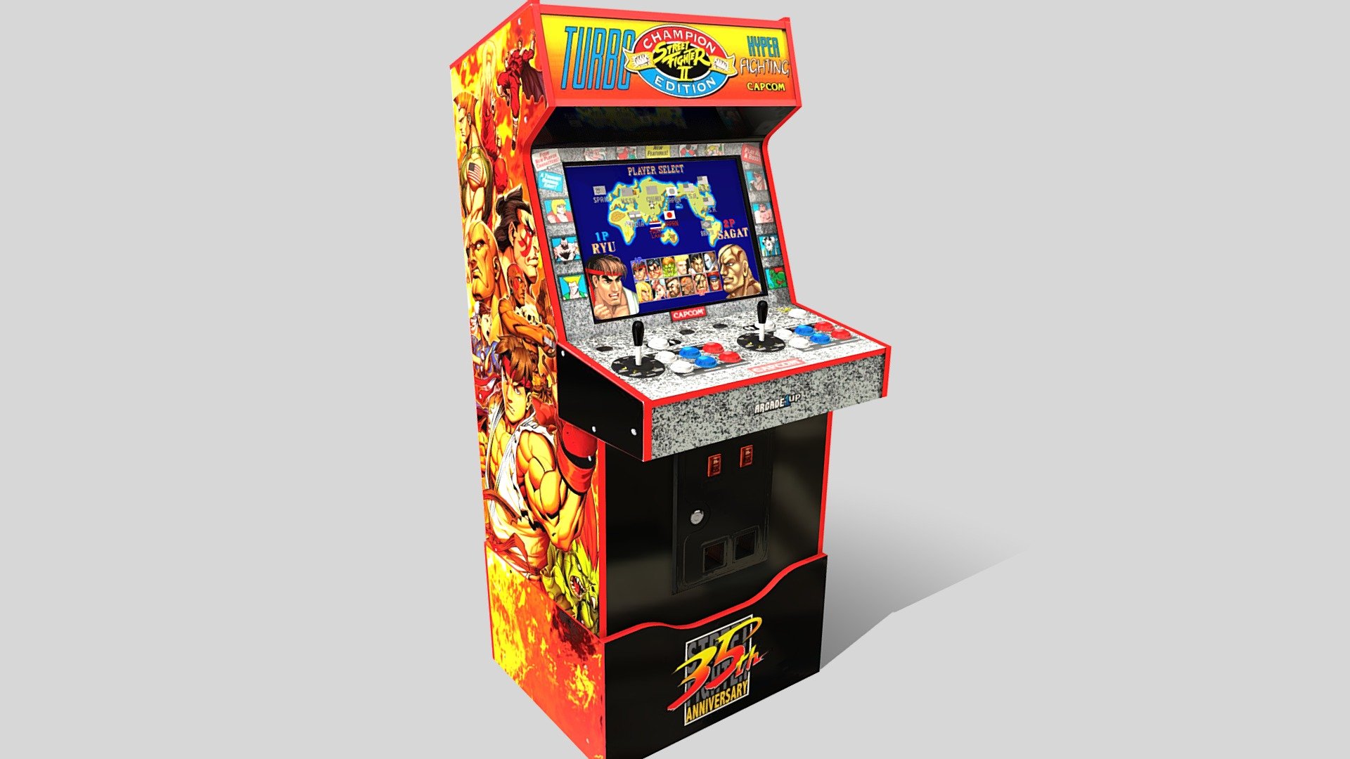 I modelled and textured this Street Fighter 2 Arcade Cabinet in Blender.
It's low-poly and game-ready.  Use it for whatever you like, and feel free to comment below with feedback, ideas or suggestions.  thanks