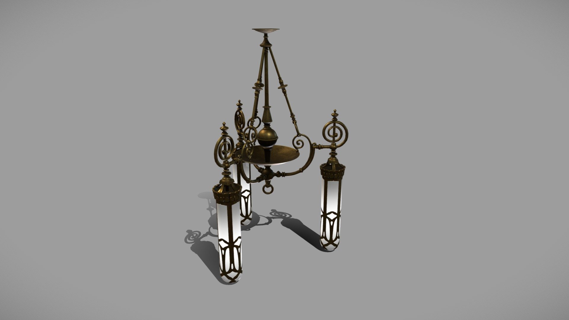 Gothic chandelier for the living room with decent decorations. As a material, we chose bronze and glass. The model fits perfectly into any living room of the late 19th century.  

All models have a LOD and their own collider for easy use as game props.Packed Ambient oclusion (R), roughness (G) and metalic (B) and Unreal engine 4 project are also included.