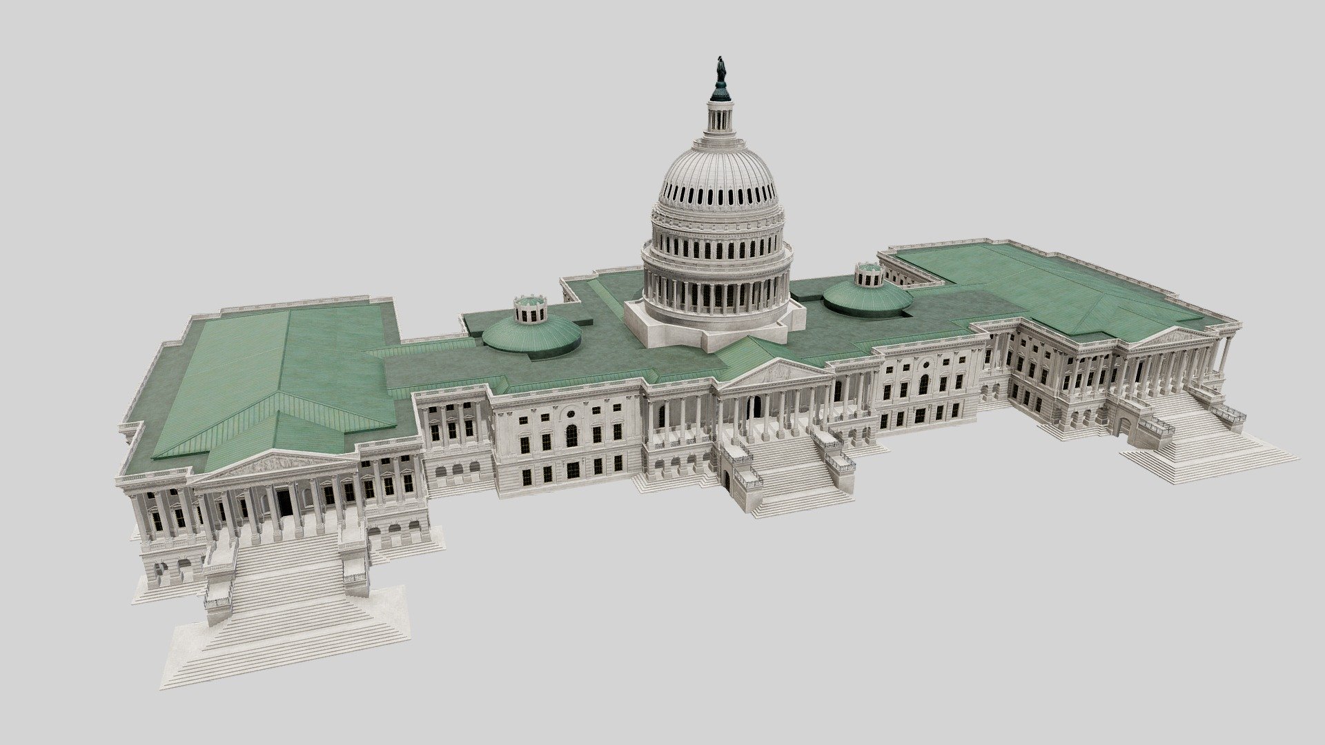 The United States Capitol, often called The Capitol or the Capitol Building, is the seat of the United States Congress, the legislative branch of the federal government. It is located on Capitol Hill at the eastern end of the National Mall in Washington, D.C.

Central sections of the present building were completed in 1800. These were partly destroyed in the 1814 Burning of Washington, then were fully restored within five years. The building was enlarged in the 1850s by extending the wings for the chambers for the bicameral legislature, the House of Representatives in the south wing and the Senate in the north wing. The massive dome was completed around 1866 just after the American Civil War. Like the principal buildings of the executive and judicial branches, the Capitol is built in a neoclassical style and has a white exterior. Both its east and west elevations are formally referred to as fronts, although only the east front was intended for the reception of visitors and dignitaries.