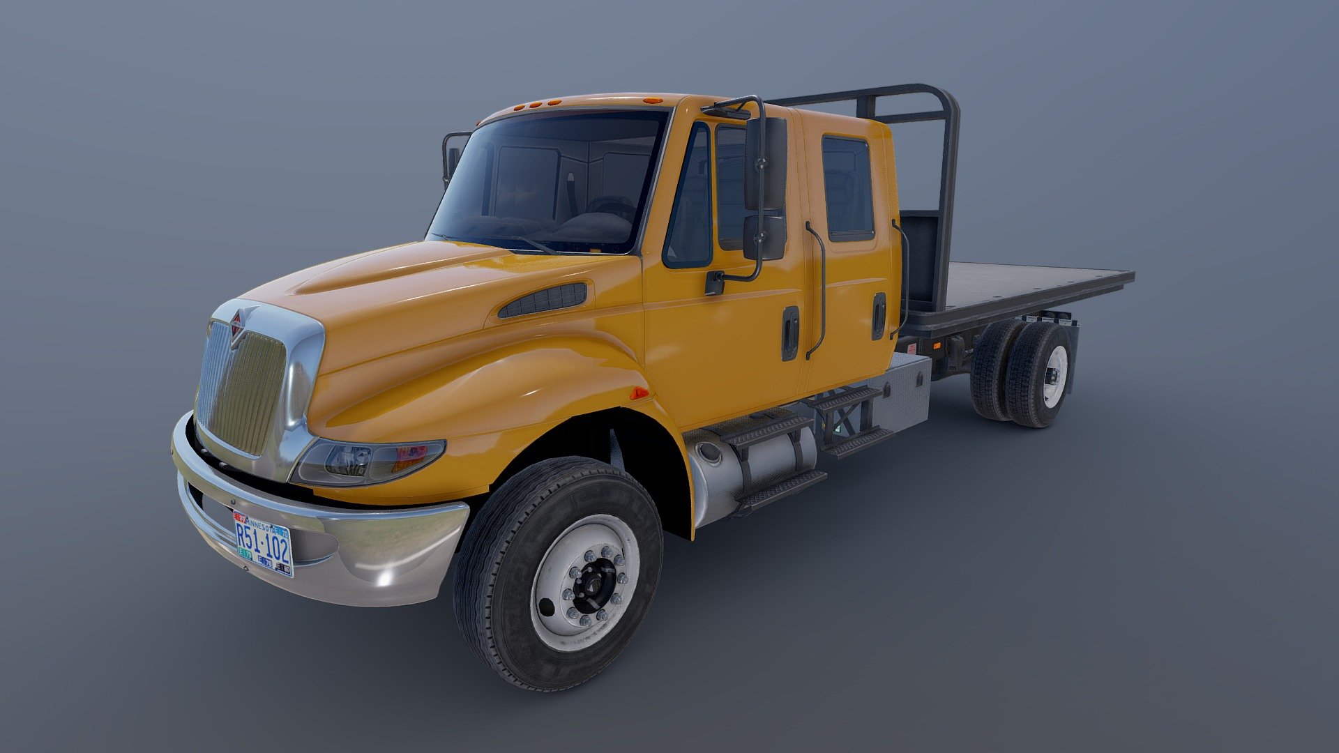 International Durastar crewcab flatbed truck game ready model.

Full textured model with clean topology.

High accuracy exterior model.

High detailed cabin - seams, chrome parts, wipers and etc.

High detailed rear  suspension with axles and other parts.

Different tires for rear and front wheels.

Emblems are separated models with texture.

High detailed rims and tires, with PBR maps(Base_Color/Metallic/Normal/Roughness.png2048x2048 )

Model ready for real-time apps, games, virtual reality and augmented reality.

Asset looks accuracy and realistic and become a good part of your project.