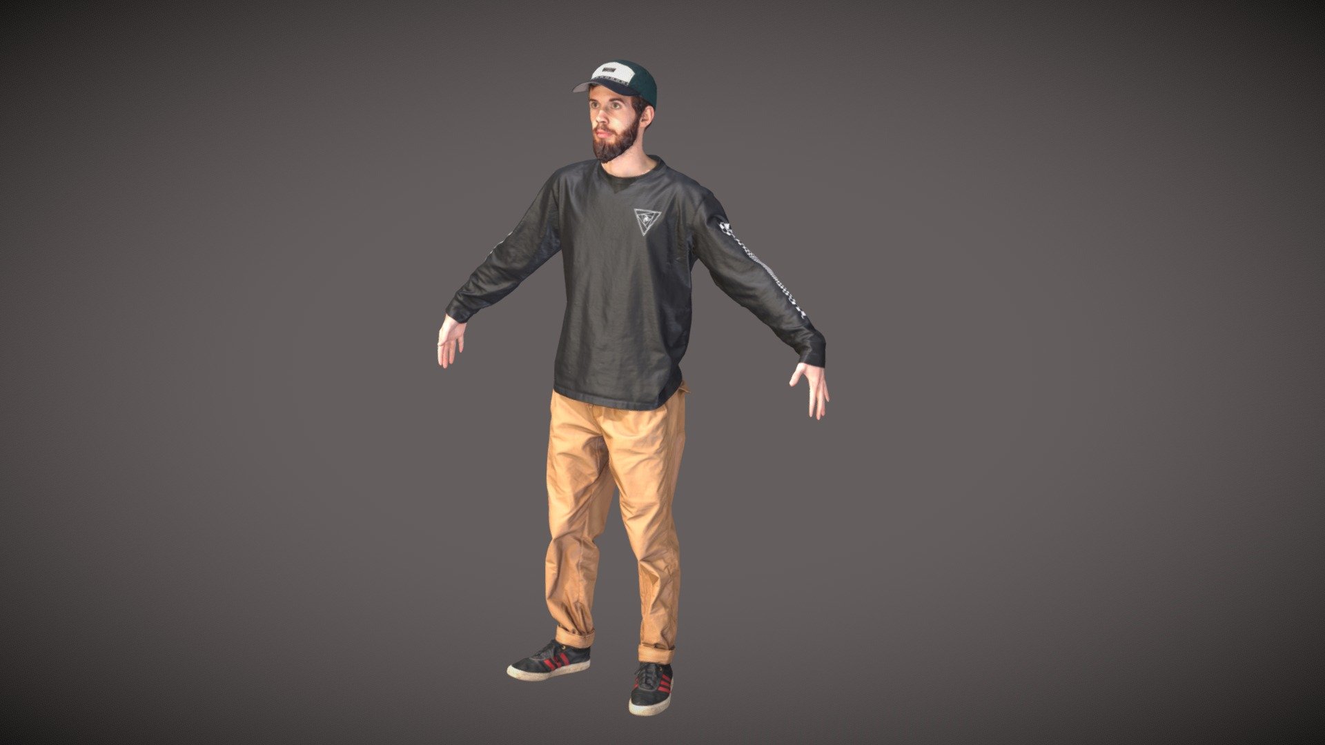 I am wearing Tan outdoor pants (coala tree brand), Darn Tough Hiking socks, and a longsleeve graphic shirt. Also a Green and white L.L.Bean Camp hat and Red and Black Addidas Skateboarding shoes. 

an absolute stud 

a skater baggy look. I live in baltimore city and go to a rock climbing gym. say less. I rode a longboard in college it was awesome. 

24 year old caucasian white man, 5 foot 10inches tall, slim athletic build. Long curly brown hair, Mustache and pretty long Beard.

Posed in an A-Frame pose to be rigged and scanned properly.

My Body scanned with photogrammetry. 25million polygons with subdivisions. Basecolor, AO, and Normal maps in 8k