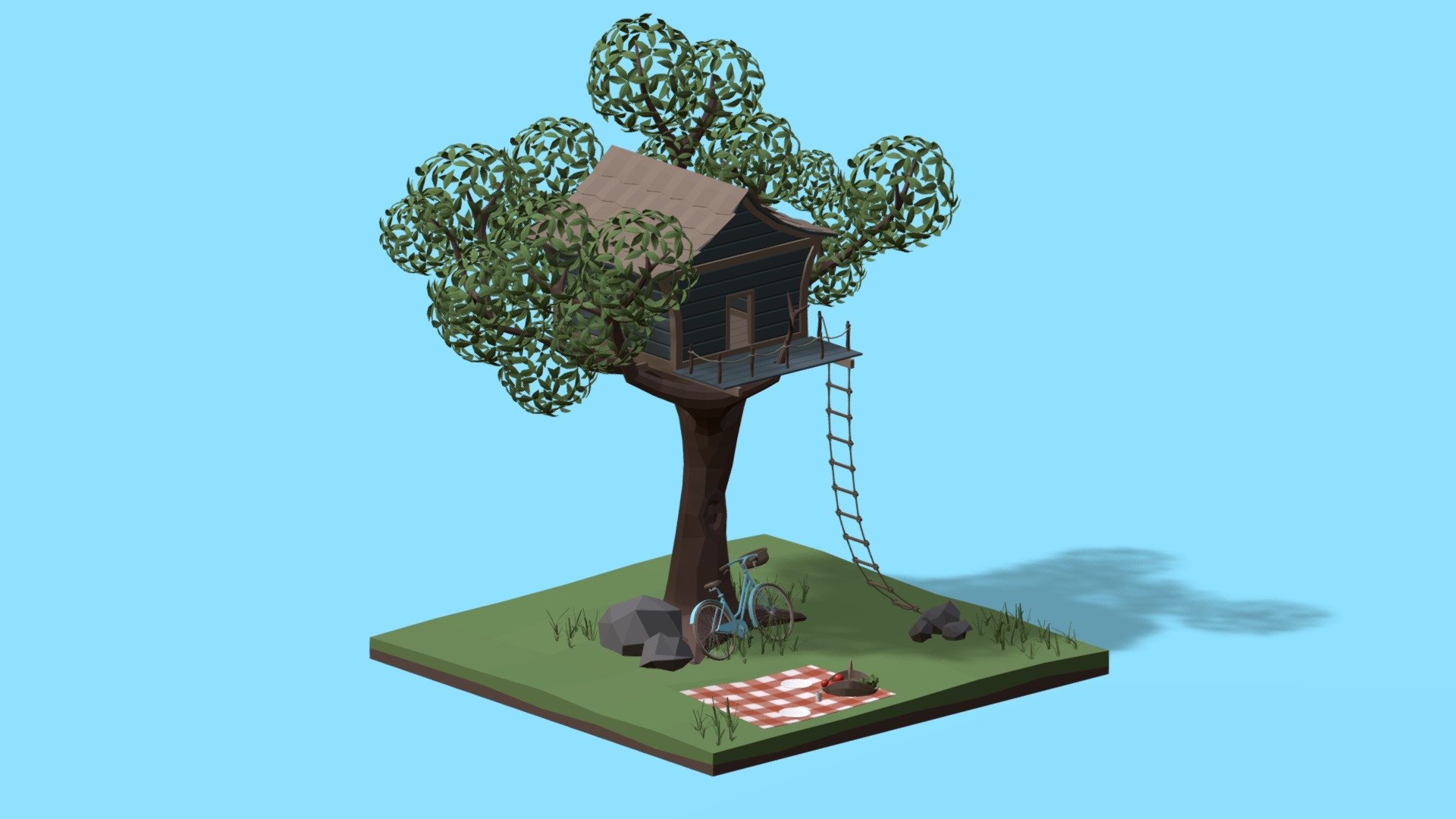 Hi everyone !

It is my pleasure to present this cute treehouse to you that will blend in with any decor of this style ! You can integrate this mini scene in all your games or animations and create a unique decor of which only you have the secret ! This pack contains:

A tree
A tree-house
Furniture (chairs, tables, shelves &hellip;)
Accessories (Books, flowers, boxes &hellip;)
Ladder
Fence
A bike
A picnic blanket
A garnished basket (lettuce, carrots, eggplants, apples &hellip;)
Plates and glass
Rocks and grass
In fact, everything you see in the images above.

Let your imagination take you ! Enjoy !