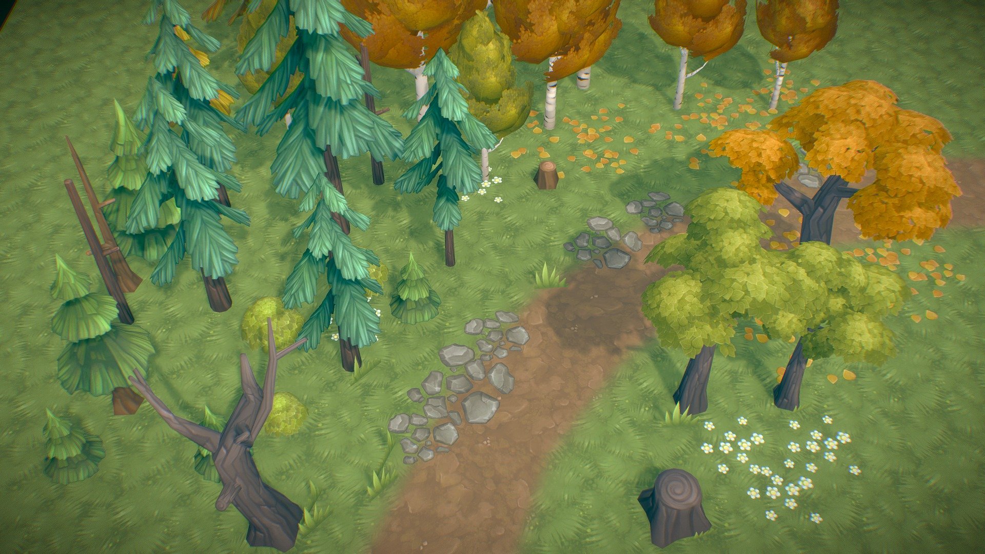 Handpainted tree set for games with 4 tileable ground textures and some decals. 1024* diffuse textures.
