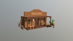 Low Poly Cartoon Saloon - Western Scene saloon, cowboy, stable, low-poly-blender, cartoon, horse, far-west, low-poly-scene