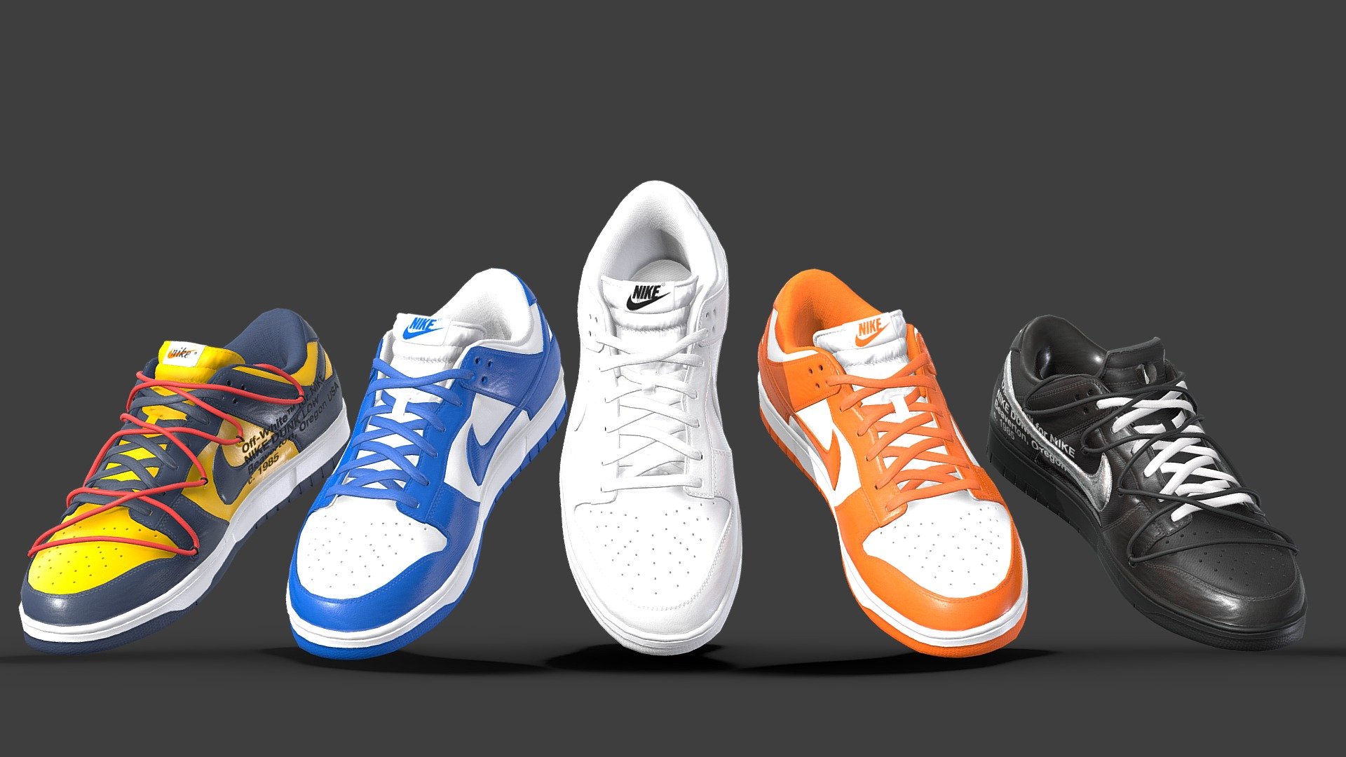 Full versions with a greater level of detail and higher resolition textures are available here: https://skfb.ly/oCGCI

Optimised, low poly version of my Nike Dunk model in 5 unique colourways. The mesh uses just one texture set that covers both shoes and each shoe has a polycount of around 25,000 (Off White laces and holes in tongue). This version would be ideal for in game use, or as an accessory to a render where the shoes are not the focus. The high detailed version of these colourways can be purchased here: 

Clean, quad topology was used throughout the shoe. The five colourways included are: Kentucky, Syracuse, Triple White, Off White Michigan, Off White Lot 50