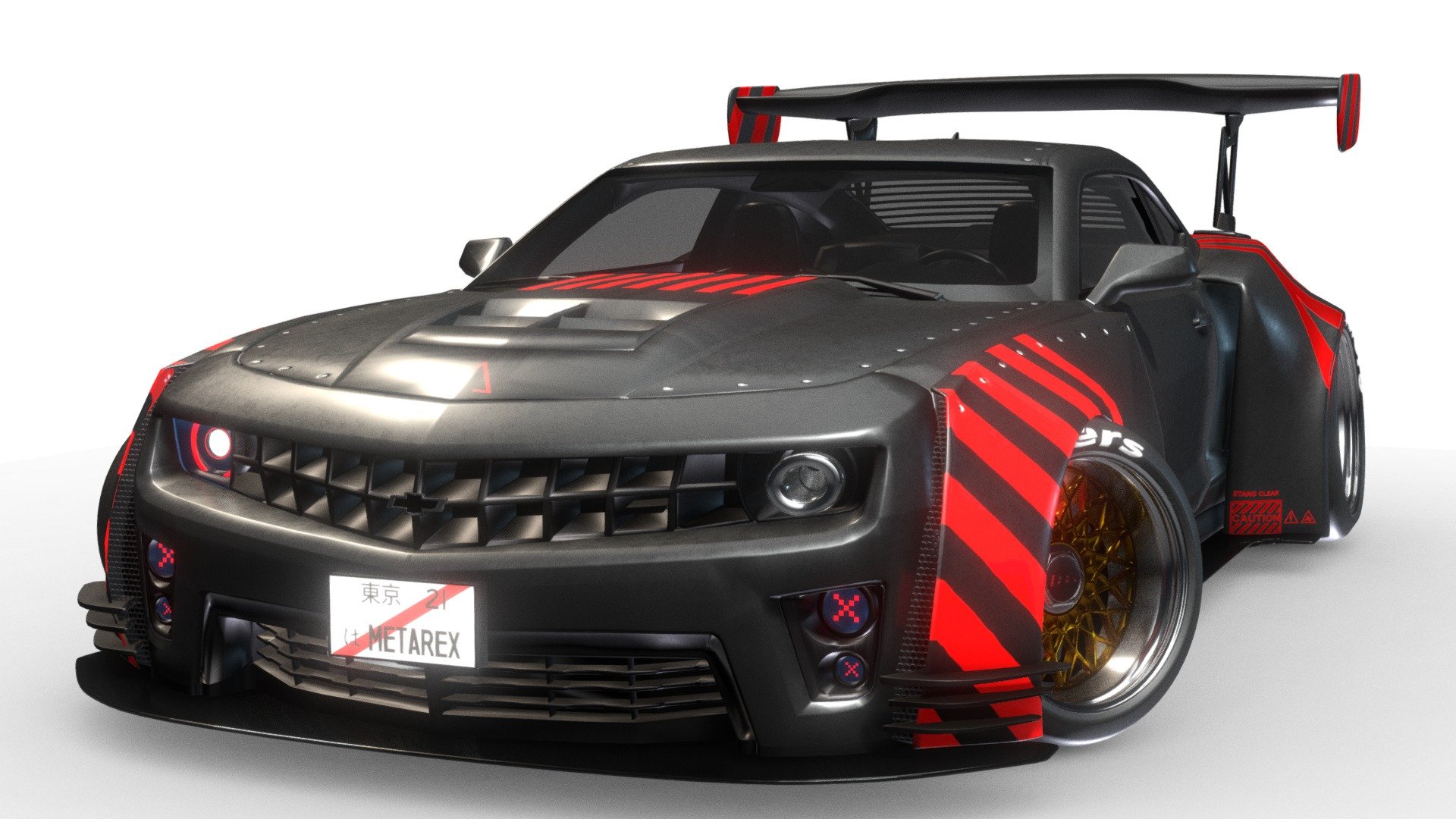 I had a dream. Spinnin my own Camaro with Wide Body Kit. But it was a dream&hellip; so I thought why Not 3d.
Modelled the kit in Blender. Base Car mesh, honestly now I have no Idea where I got it from.
Textured in Substance Painter.
