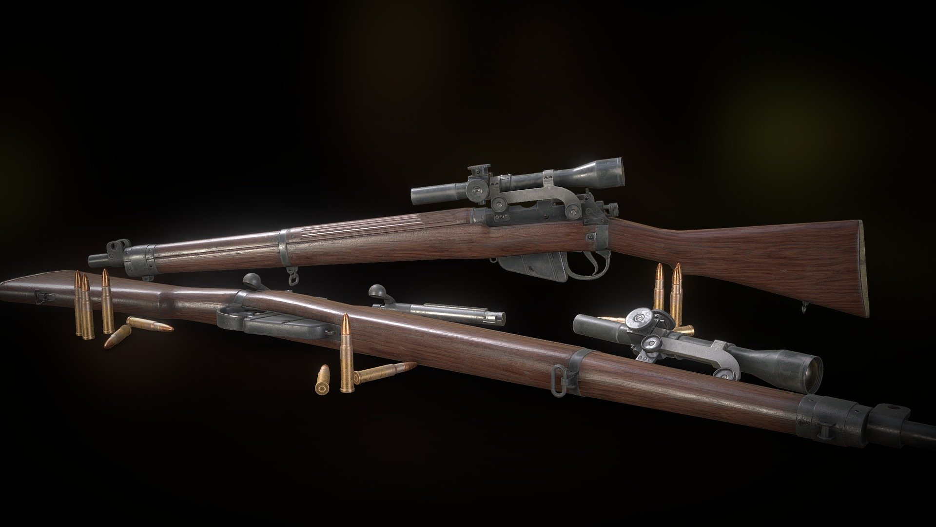 SMLE or short, magazine lee-enfield rifle is bolt action rifle that commonly use during World War 2 by british empire. This game model are purposed for First Person game but suitable for third person game and other.

Model information :




available format : FBX, obj , and blend

Blend format already rigged

FBX and obj already in separated part for rigging

rifle (6,90cm X 108cm x 20,80cm) (4117 verts, 7435 Tris)

scope (5,62cm X 28,6cm x 8,38cm) (1872 verts, 3228 Tris)

texture size: rifle(4096x4096), scope(2048x2948)

Overlapping/mirror UV in back stock, trigger, and some part

pbr base(metal), cryengine, unreal engine, and unity texture in texture file /folder

TIP :
The model may appear more shiny in some render engine, tweak the roughness map for fix it. For best result (like in the image) set roughness to noncolourdata /uncheck Srgb in your render engine or increase the roughness by multiply it by 1,5 to 2