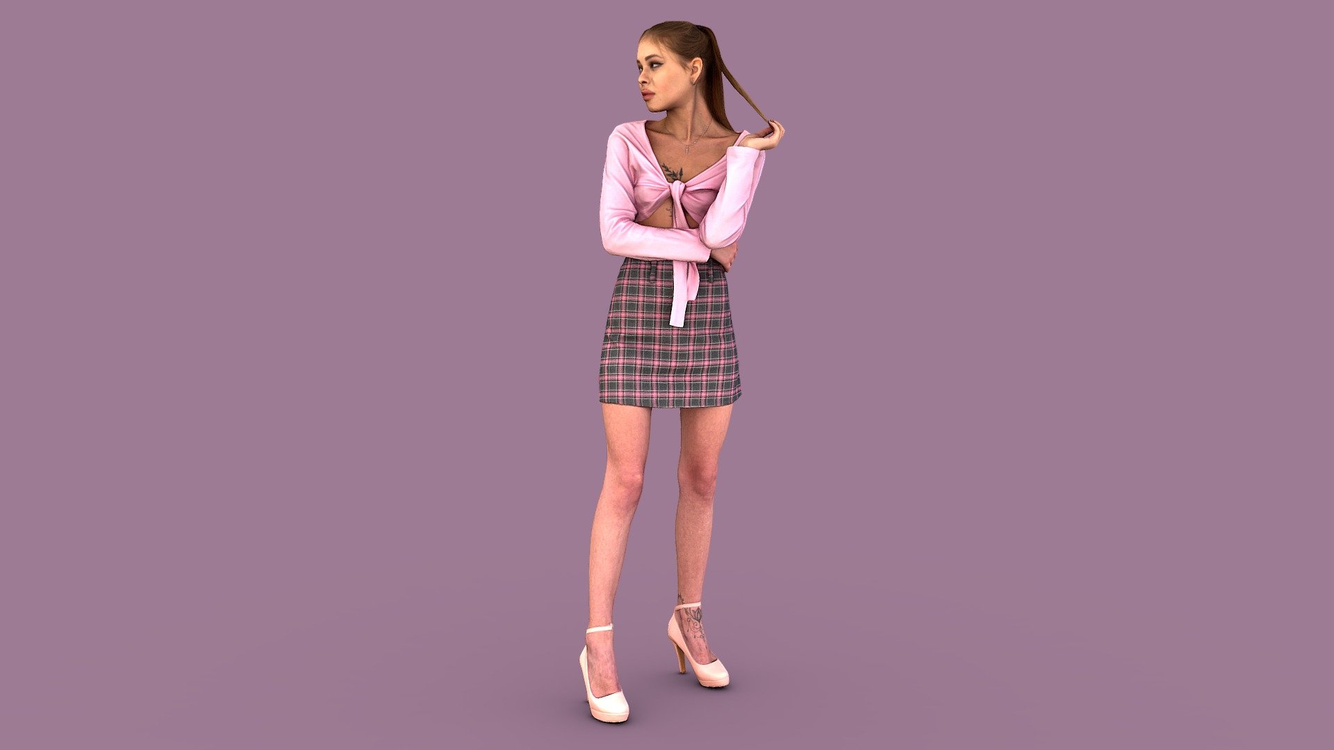 Follow us on Instagram ❤️

✉️ A sexy young girl is looking to the right, flirting with someone, twisting her hair around her finger. She is wearing a short pink cardigan without underwear, a plaid school miniskirt, and pink high heels.

🦾 This model will be an excellent mid-range participant. It does not need to be very close and try to see the details, it reveals and demonstrates its texture as much as possible in case of a certain distance from the foreground.

⚙️ Photorealistic Casual Character 3d model ready for Virtual Reality (VR), Augmented Reality (AR), games and other real-time apps. Suitable for the architectural visualization and another graphical projects. 50 000 polygons per model.

HCUX95