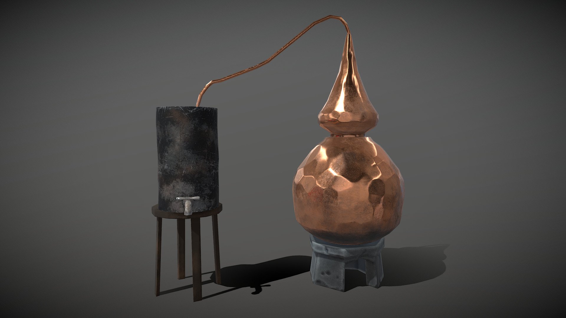 Fantasy distillatory vessel for alchemist's chamber or stylized drugstore pharmacy environment. 
 Model comes with 2K PNG textures of Color, Metallic, Roughness and Normal map.