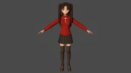 T pose rigged model of Rin Tohsaka cute, teenage, skirt, teen, woman, rin, twin-tail, anime-girl, fate-stay-night, rin-tohsaka, girl, female, anime, rigged, japanese