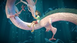 Spirited Away fanart fanart, studio, ghibli, chihiro, away, spirited, haku, fanart3d, blender3d, stylized, dragon