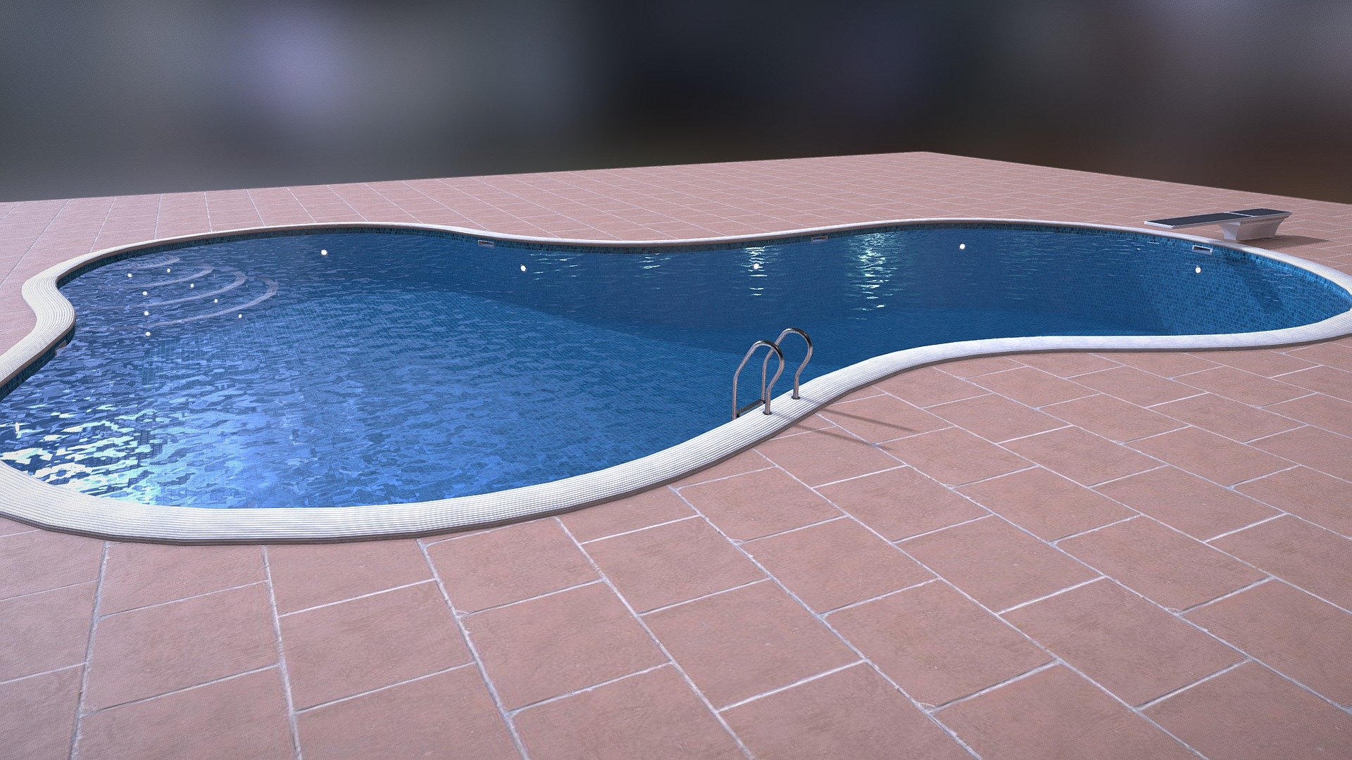 Curved Swimming pool with ladder and diving board. 

Low Poly Swimming pool.
Perfect for a private homes or public envionments.
All sections of the model are UV mapped apart from the swimming pool interior which is tiled.
The pool lights have emissive lighting.