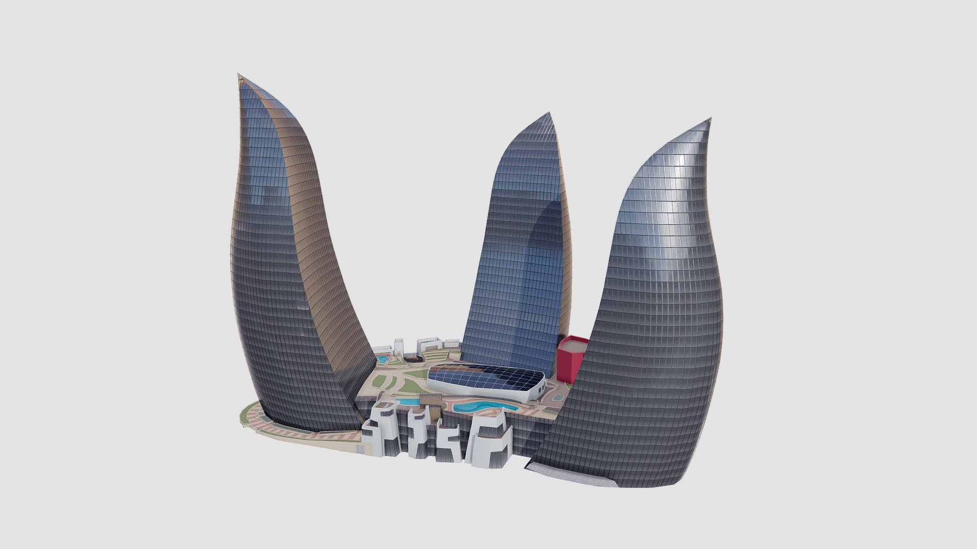 Located on a hill overlooking the Caspian Sea and Baku’s old city centre, this trio of iconic buildings has transformed the skyline of Azerbaijan’s capital. The city’s history of fire worship, natural gas resources and recent reputation as a hotbed for technology and commerce inspired HOK’s design of these sleek, flame-shaped towers.

Though similar in appearance, each tower was designed to serve a specific function. The tallest of the three structures, a 39 story residential tower, accommodates 130 luxury apartments. A 36 story hotel building on the northern corner of the site provides stunning views from 318 guestrooms. An office tower on the west of the site provides more than 350,000 square feet of commercial office space.

Anchoring all three towers is a retail podium with leisure and entertainment amenities for occupants and guests.