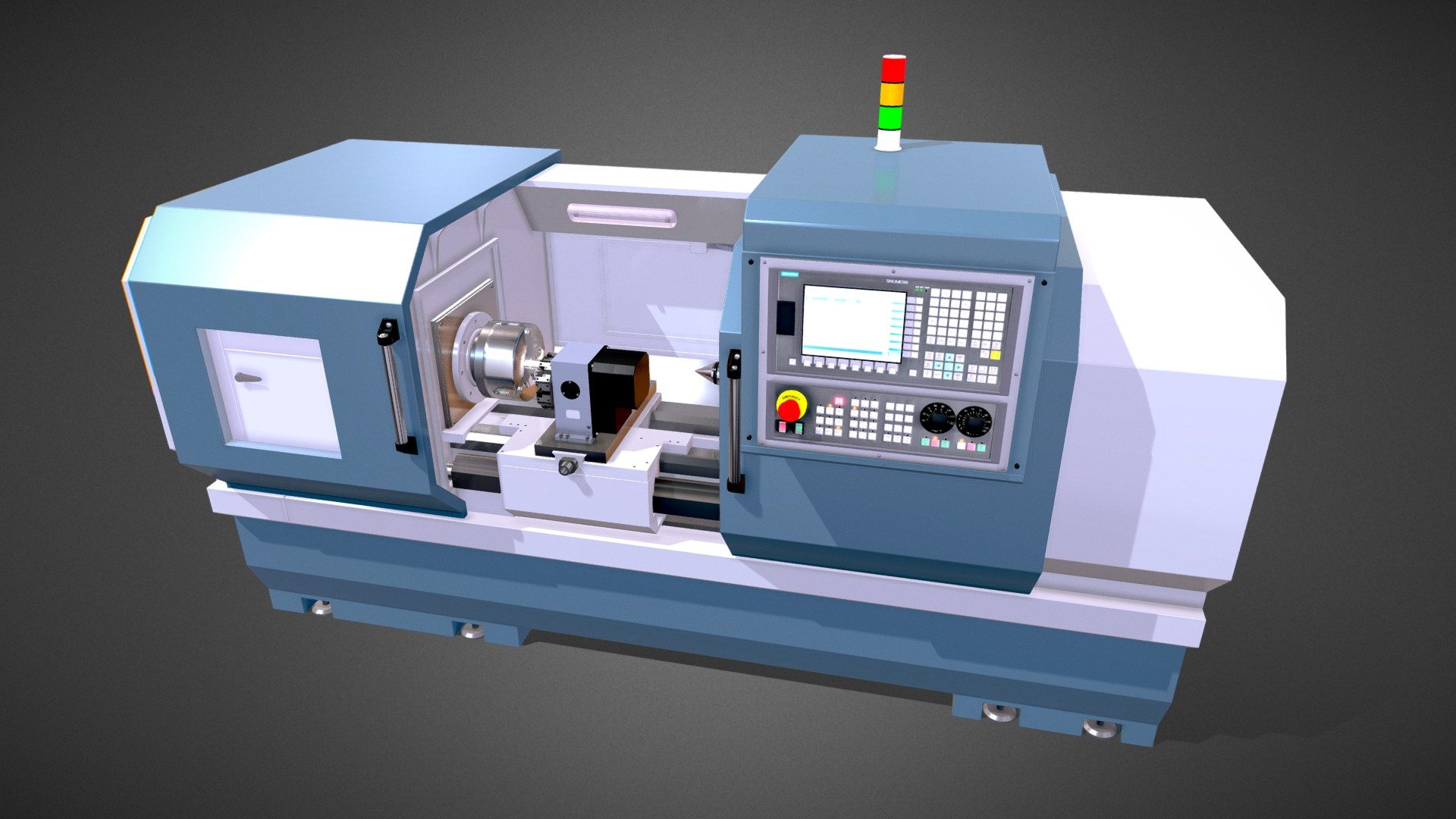 CNC Lathe SMTCL KE80 2000 this high-quality 3d model for displaying in production, for frame rendering and movie animation 

Info: 
1) Included texture 2 pieces 
2) contains Multi materials 
3) all objects and materials have names so you don’t get confused 
4) Rigged only Helpers front arm manipulator 
5) scale of all details (100,100,100) 
6) contain different file formats, fbx, obj, 3ds, 3ds max, stl, mb, Blender 
7) included customized scenes in Vray, Fstorm
8) if you liked the model, then do not forget to put likes :-)