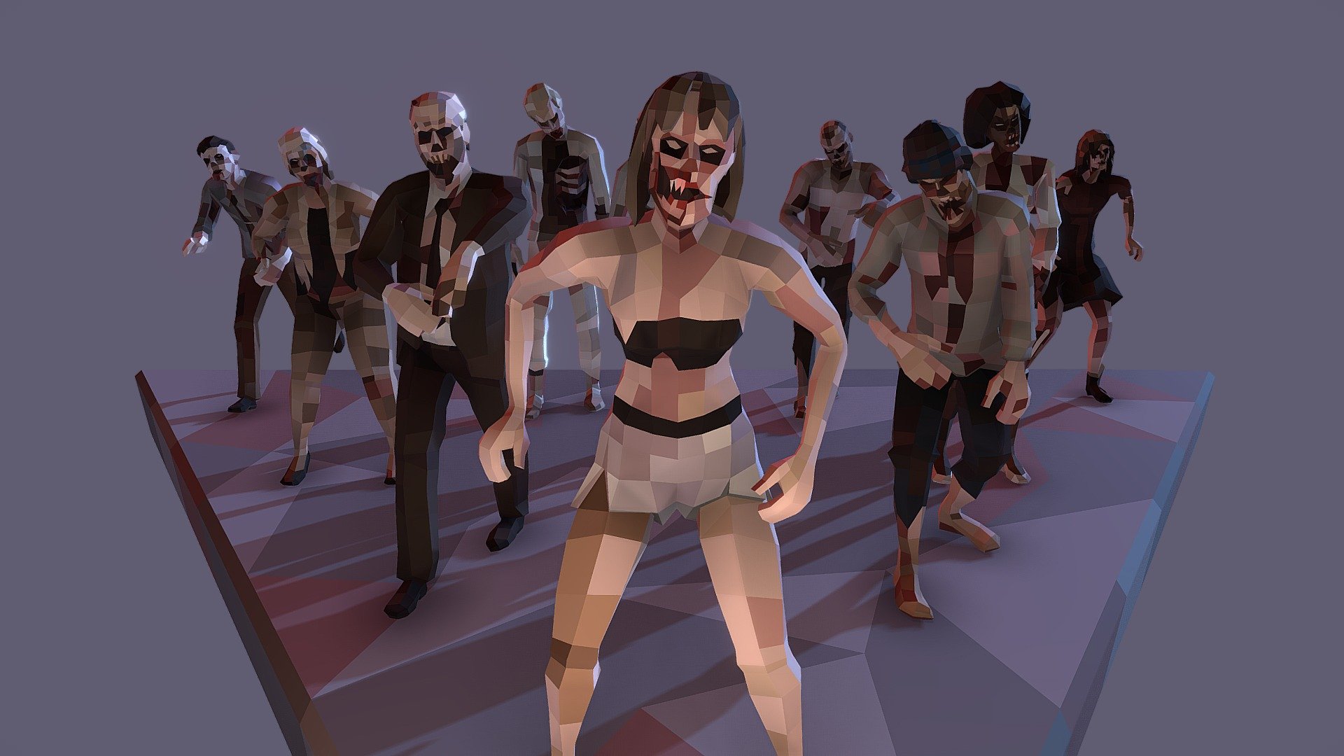 ^ &mdash; If you download from here you only get the presentation scene. Vist FAB store! Button on the right of this page to get the actual characters rigs, with separated animations.

Enjoy this 10 Low-Poly Style zombies with 10 animations ready for real-time post-apocaliptic games, totally free!

Download on FAB  to get the rigs and animations as MAX, FBX and GLTF

Created with 3ds Max and easy to impot into any other software or game engine.

SPECS:




Average Polycount: 1000 (2000 as triangles)

Unique single texture as color palette. 

Rigged with 3ds Max Biped + Skin. Compatible with Unity Humanoid system.

Two unique skeleton. And pre-retargeted animations.

See this Three.js demo!

Enjoy!