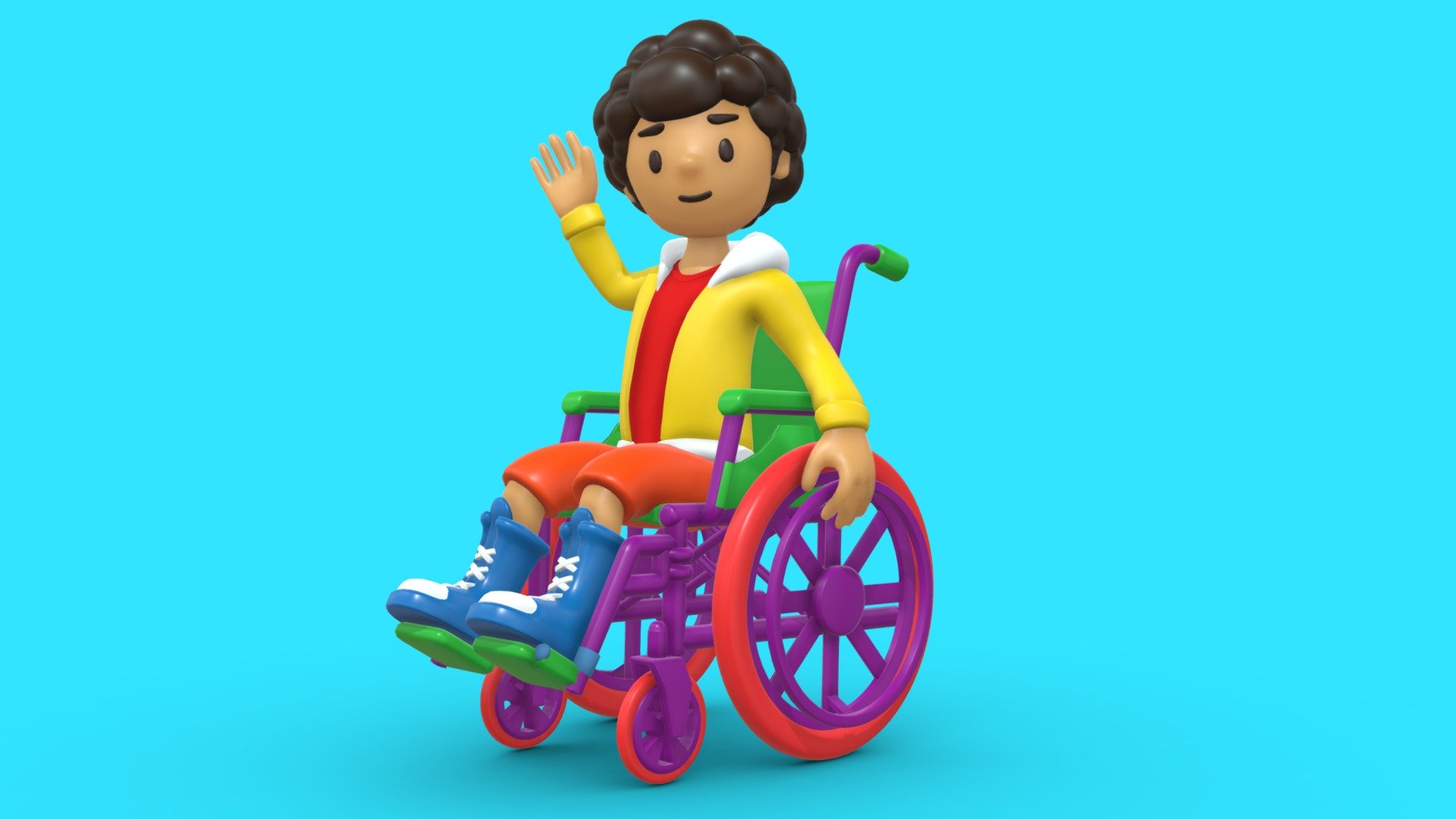 This 3D model was developed as a trial for a freelance project, showcasing a cartoon character in a wheelchair. The character's design is modeled after a clay sculpture, boasting playful details and an upbeat expression.