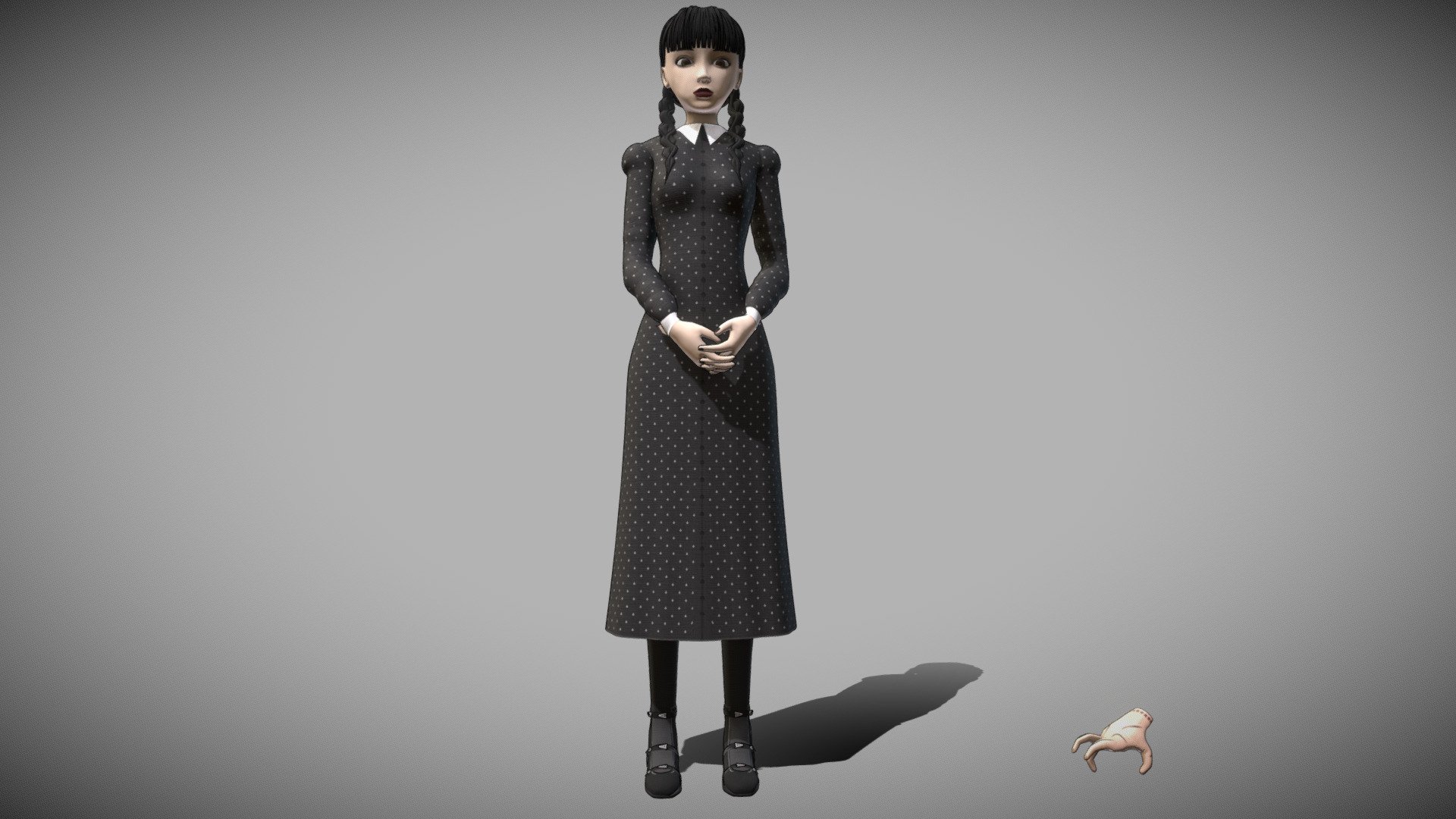 Wednesday Addams

Wednesday Friday Addams is the only daughter of the Addams Family
Body, Hair &amp; Face rigged.
UV Unwrapped and textured. 
Comes with textures at 1k, 2k &amp; 4k resolution. 
Contains PBR &amp; Toon (LBS) Shader variations.

The model contains 8 objects, 3 sets of material (+1 Outline for Toon), and 1 set of textures. 
Modeled in Blender, painted in Substance Painter. 
.
.
.
.
.
.
More: 
https://linktr.ee/ed3d