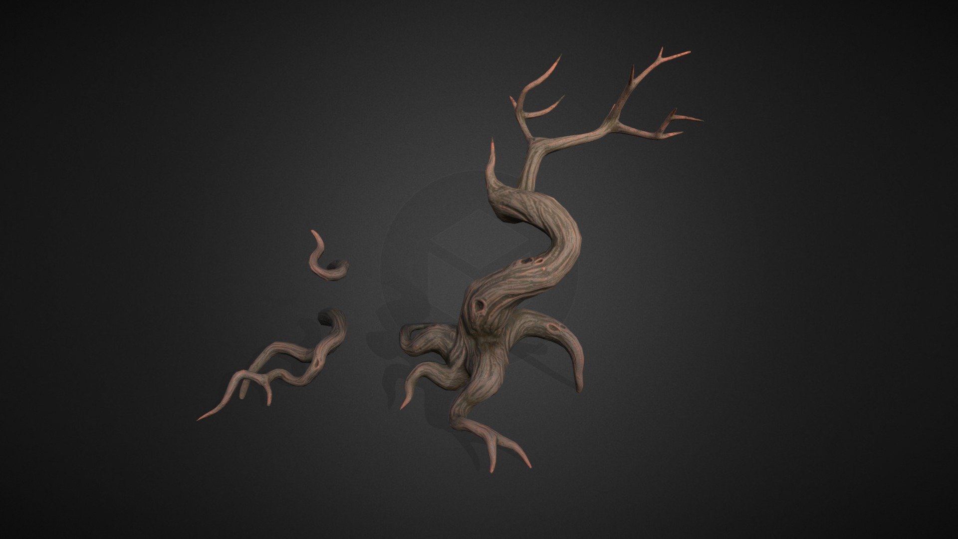 This model is part of a bigger fantasy diorama our company worked on.
The loose root parts can be used to decorate the environment surrounding the tree.