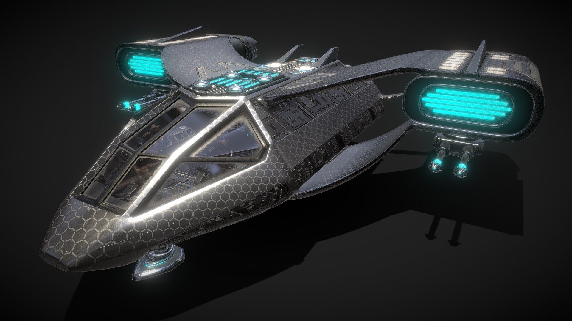 A Spaceship/Spacefigter with a cockpit and a ship´s hold.

The Bonus are that 3 other models included:

*In the Cockpit you get my SCIFI pilot seat model
https://sketchfab.com/3d-models/scifi-pilot-seat-bb330b958a0b4543874cc8b38e06330a

*In the hold you get my  Laserrifle- and my SCIFI Crate model
https://sketchfab.com/3d-models/laserrifle-82dcc3953e1d44d5b8d105c62c6cd6b7
https://sketchfab.com/3d-models/scifi-crate-4251310f78c1465581117265eb83b582

The Ship itself has 72.205 Faces
5 Texture sets in 4k except of the glas with an 1k and the little parts with 2k

I made the model so that a normal or a very large person (e.g. alien) has enough space in it if you want to use it in a game

modelled in Blender and textured in Substance Painter