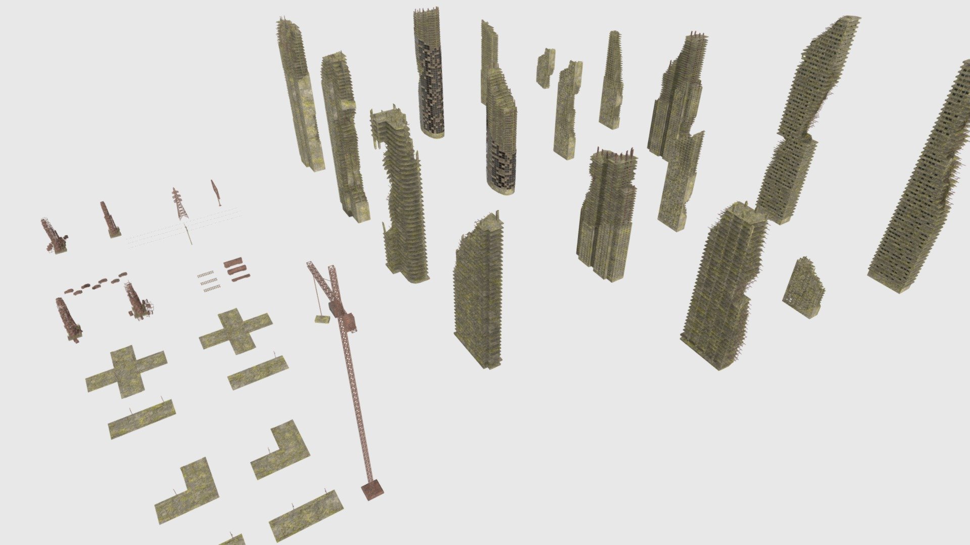 You can also buy the model on Artstation

This collection package is made out of 15 different destroyed skyscrapers. This is very accurate scene of destroyed city. Designed for post nuclear themes with ruined architecture. Many details in scene. Ruined buildings, debris, cracked streets, street elements, simple cars, etc. This package provide you for create destroyed city. You can easy shift position of buildings or copy them to create even bigger city within minutes. Very easy to modify. All materials and textures included. It's readily available to import in Unity3D and Ue4.


Buildings Geometry: Polygons 1800, Vertices 2400 - Polygons 21500, Vertices 22000


15 Buildings Geometry: Polygons 261000, Vertices 277000


Scene Geometry: Polygons 648000, Vertices 711000 (for rendering a preview scene with duplicated four times)


The set uses one texture and one material. The texture is made in substance painter.