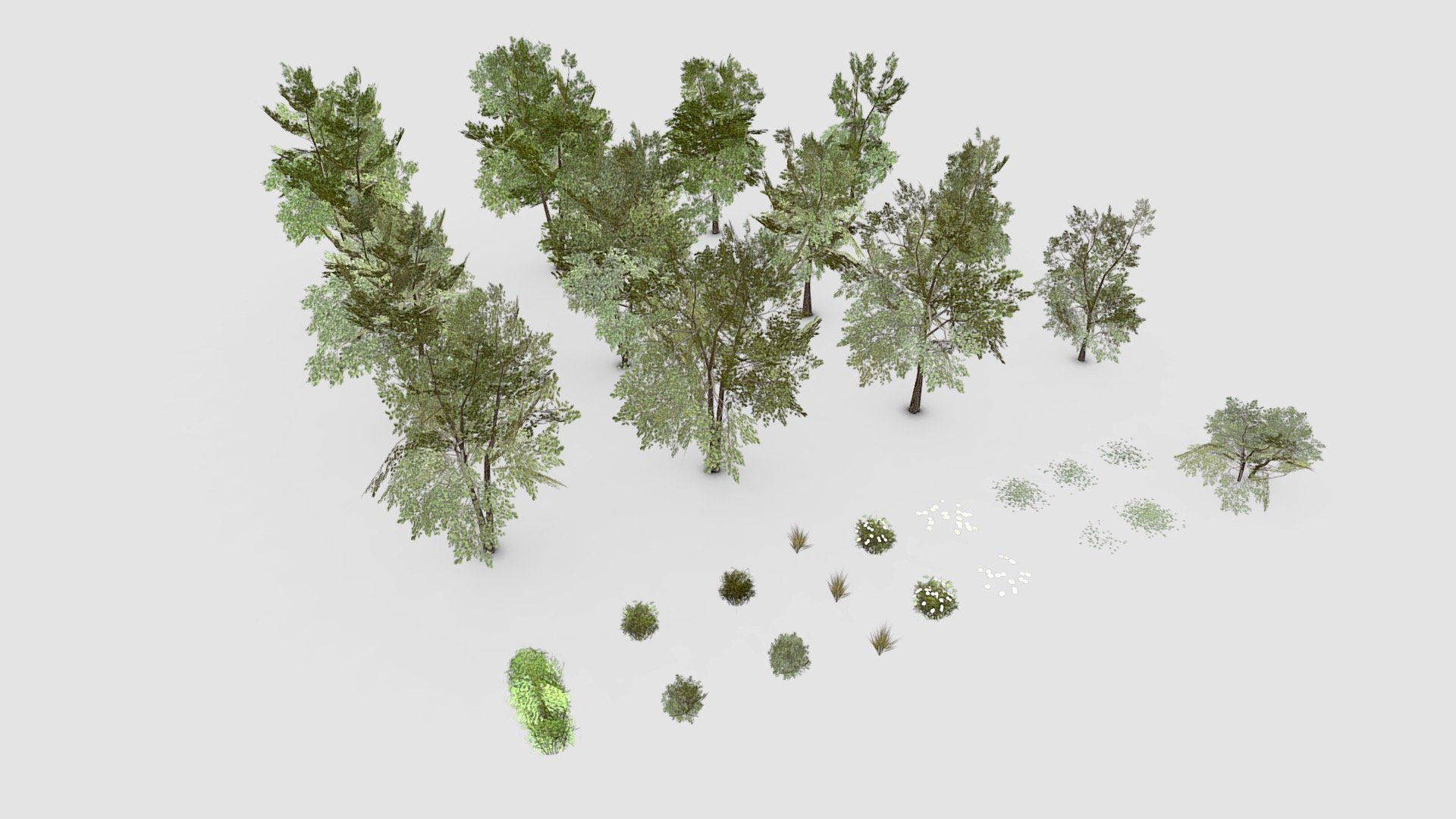 Low-poly plants kit. Handcrafted and heavily optimized for web use, while maintaining quality as high as possible. Great for architectural visualization and interior design.

The whole set is made up out of 30 objects, including 12 trees and has a complexity of just 7,600 triangles.

Source files are available at github repository: 
https://github.com/shapespark/shapespark-assets

Licensing type: CC0 1.0, no rights reserved.

Created by Shapespark

Shapespark is a real-time rendering engine that allows you to create and share online 3D walkthroughs. Find out more at: www.shapespark.com