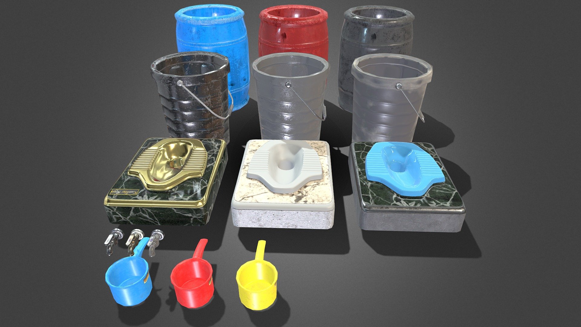 Blender 3.0.1

Adobe Subtance Painter

Lowpoly models (15 models) total triangles : 10.620

Texture siza : all 1024*1024, 15 Material, GLTF &amp; Unitypackage

All models are my own creation from scratch (Rzyas)

This is a model that I took from an East Asian reference, where this model is usually found in houses belonging to the lower middle class economy.

However, not everyone with middle to lower income uses bathroom assets like the model I made, because it has become a tradition to use it, so it can be said to be a culture or a hereditary habit of using it.

regards : Rzyas







