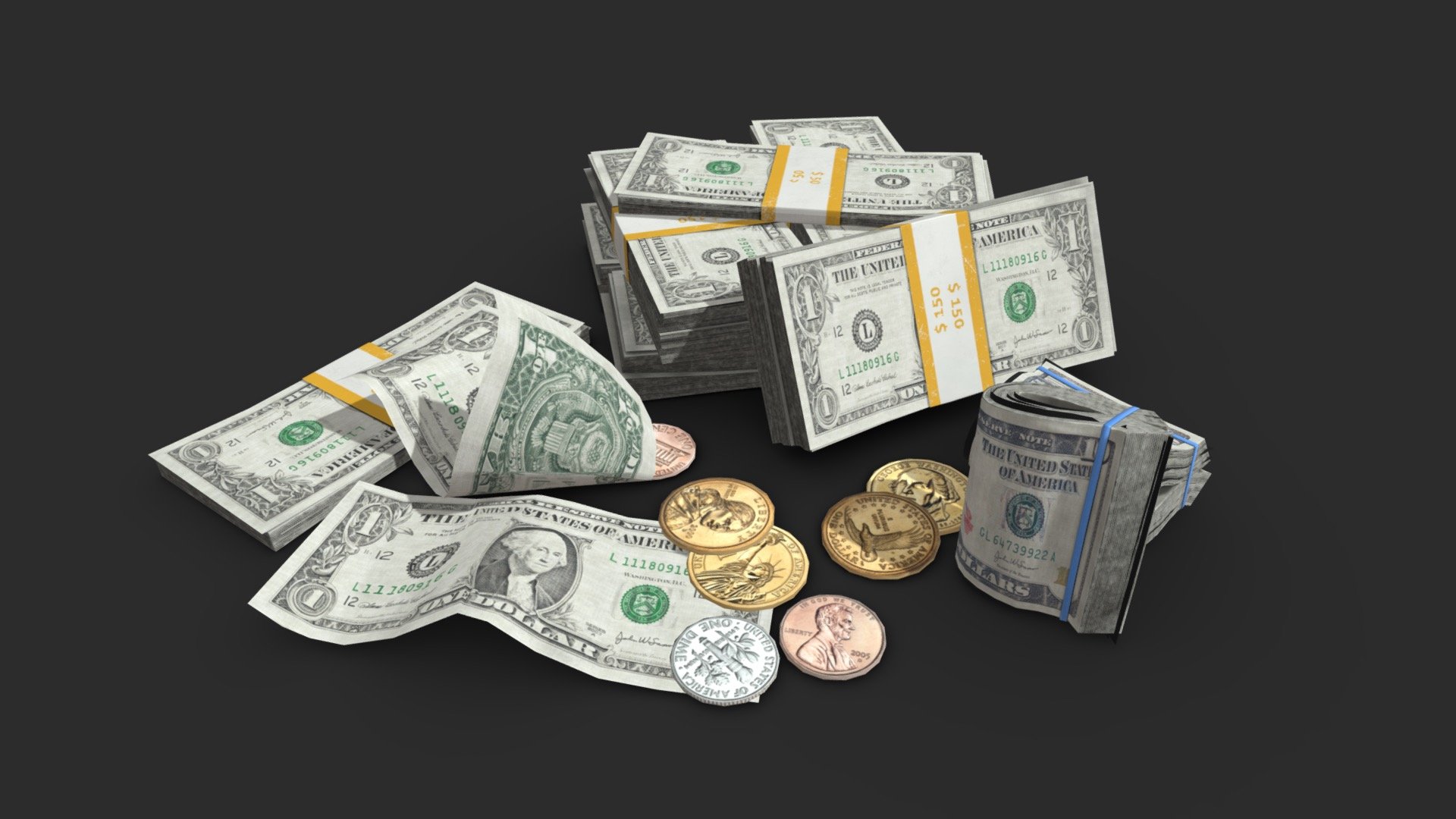 This American Dollars money loots including banknotes and coins includes 22 objects :




10 individuals banknotes (in 2 values)

4 different coins

3 banknote stacks

The assets can be used in any game (post-apocaliptic, first or third person, GTA like, survival… ). All objects share a unique material for the best optimization for games.

Those AAA game assets pack of money loots will embellish your scene and add more details which can help the gameplay, the game design or the level design.

All textures are PBR ready and available in 4K.

Low-poly model &amp; Blender native 3.1

SPECIFICATIONS




Objects : 22

Polygons : 4541

GAME SPECS




LODs : Yes (inside FBX for Unity &amp; Unreal)

Numbers of LODs : 2

Collider : No

EXPORTED FORMATS




FBX

Collada

OBJ

TEXTURES




Materials in scene : 1

Textures sizes : 4K

Textures types : Base Color, Metallic, Roughness, Normal (DirectX &amp; OpenGL), Heigh &amp; AO (also Unity &amp; Unreal ARM workflow maps)

Textures format : PNG
