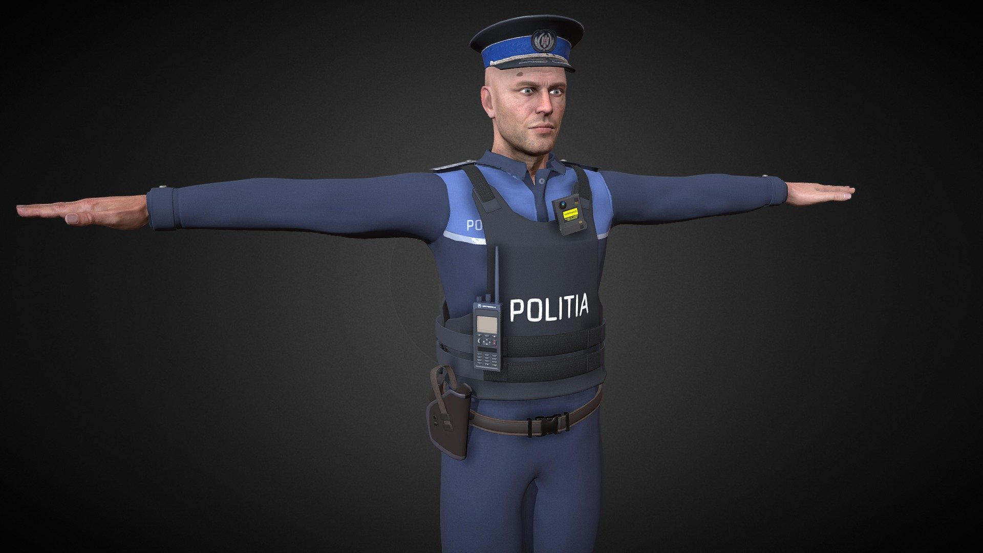 Romanian police gameready uniform made in blender and textured in substance painter. It is ready to be used on rigged characters.