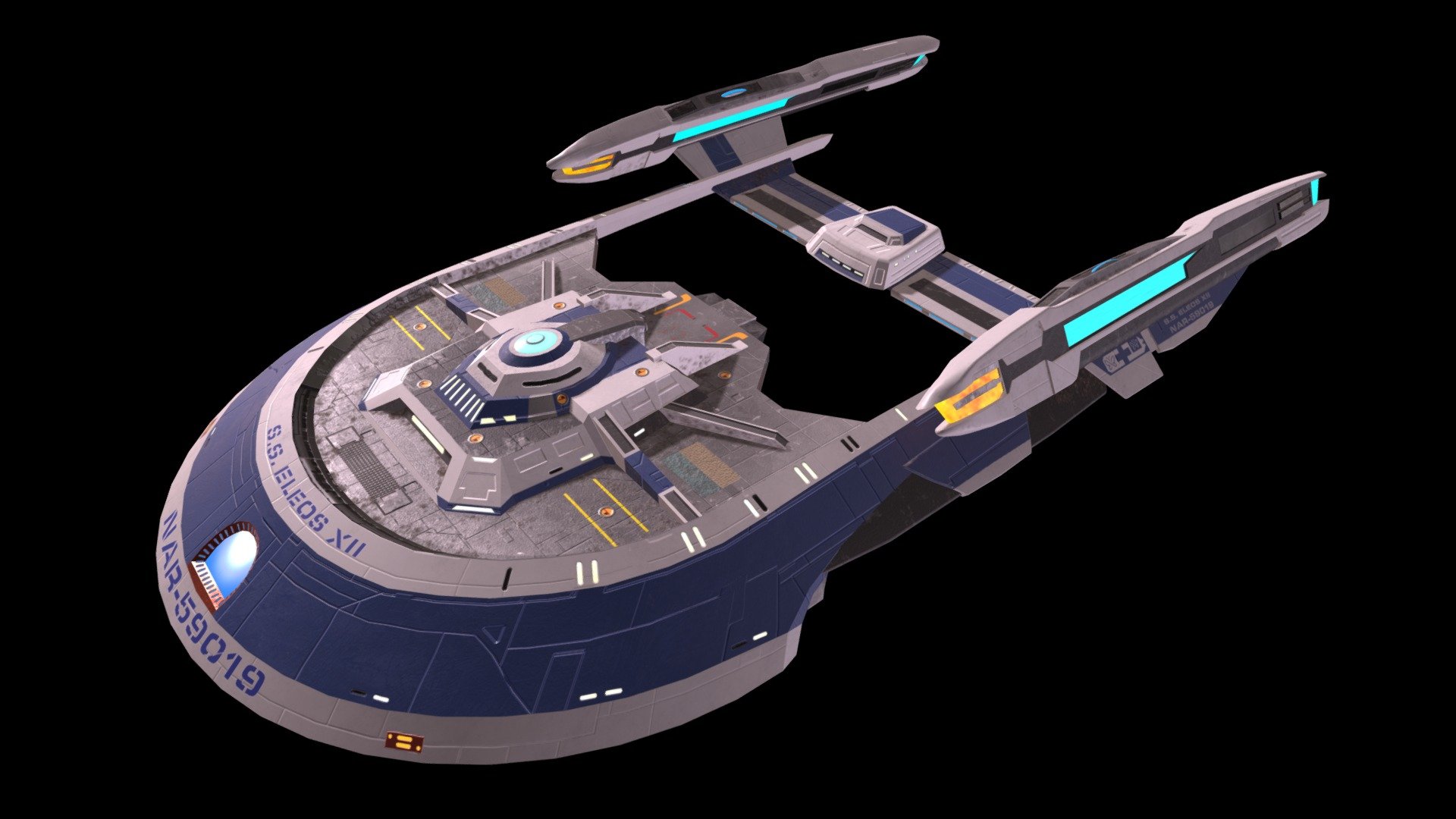 My 3D model of the Phoenix-Class SS Eleos XII starship as seen in Star Trek: Picard  season 3. Based on an original design by by John Eaves.