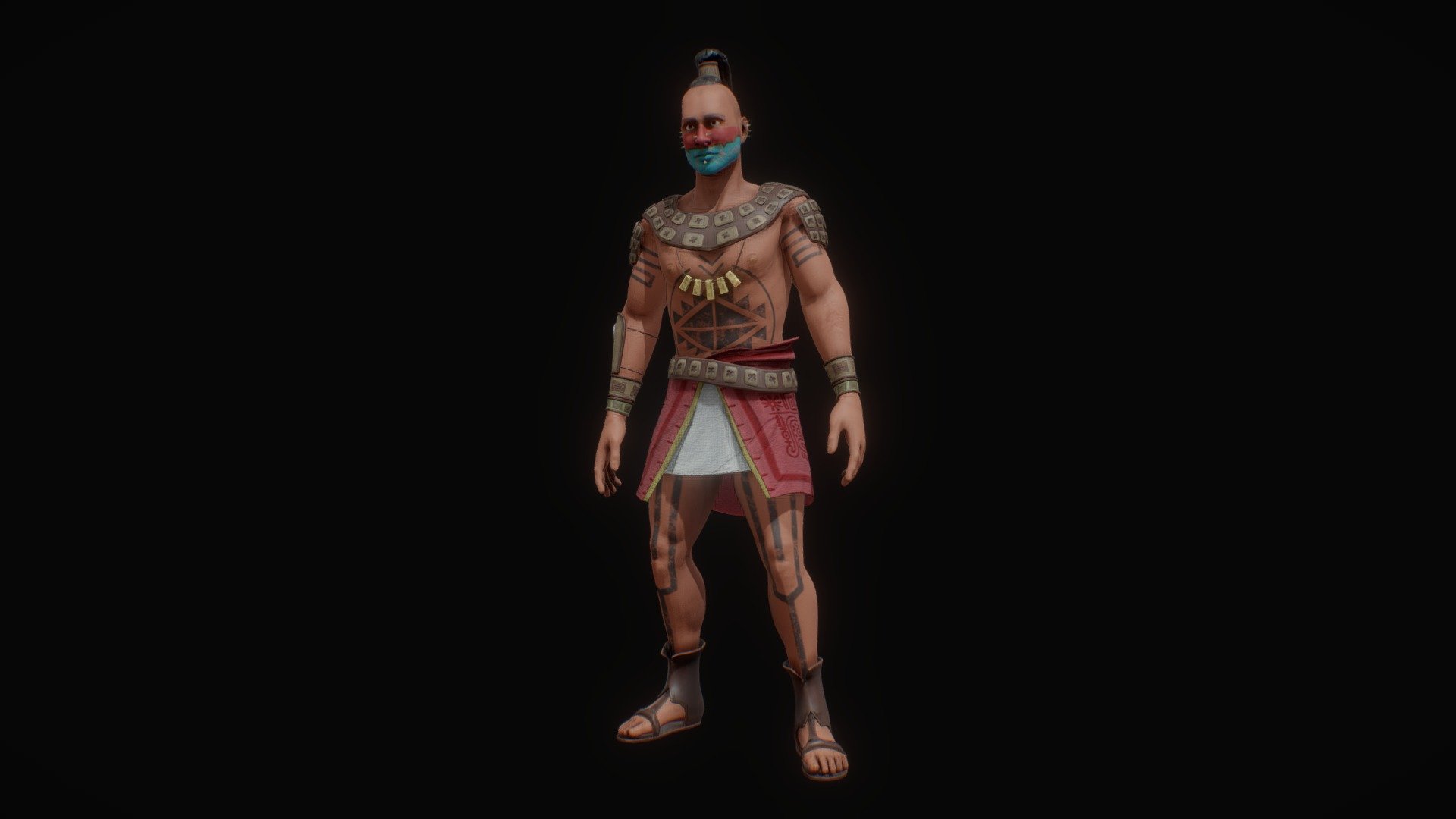 Mictlan Fans here is another preview of one of our most recent characters so you can see the level of details that goes into our video game production. This Character was inspired by a real-life historical account by a group of otomí tribe elite warriors called “Cuachicqueh” or also known as the bold hair warriors.

This was one of the most powerful warriors that even the Spaniards spoke on their history books as unbeatable, they were trained in the Kalmekak since an early age and brought up to be war machines, but instead of the conventional army warriors, they were profoundly spiritual and devoted to giving their life to the God of War “Huitzilopochtli”

In order to be on this rank, you would have to have captured 6 warriors for sacrificial offering and have won numerous other battles, to be this high rank in the elite.

One of the very distinctive features was the way they painted their face Half Blue and Half Yellow or Red I which they used to call “Ixtlan Tlaantic” or also known as “Chichimecatl”