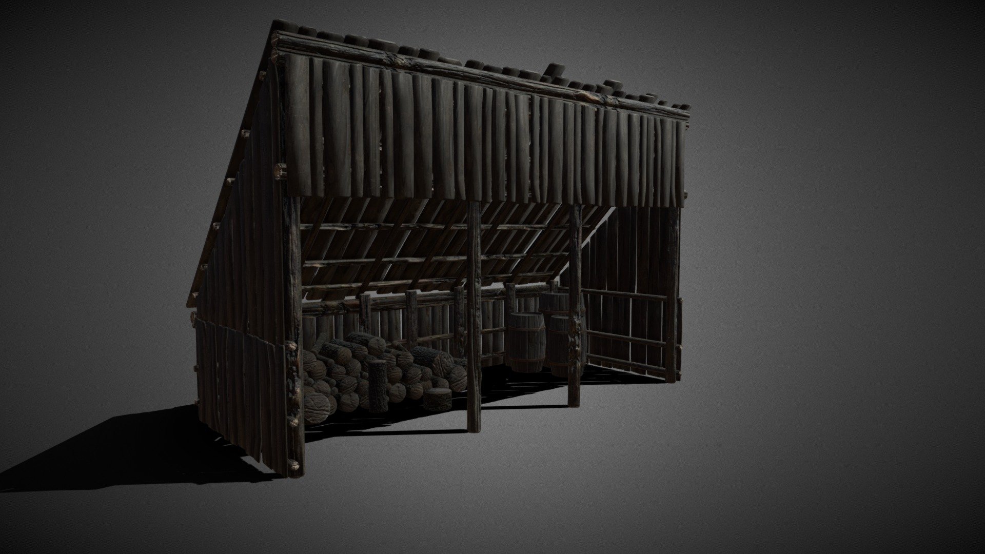 The wood storage is divided into 3 parts. Warehouse, woodpile and barrels. All are individually exportable. Materials and textures are included. The lumber store has been optimized for games and offers few faces as well as only 3 materials