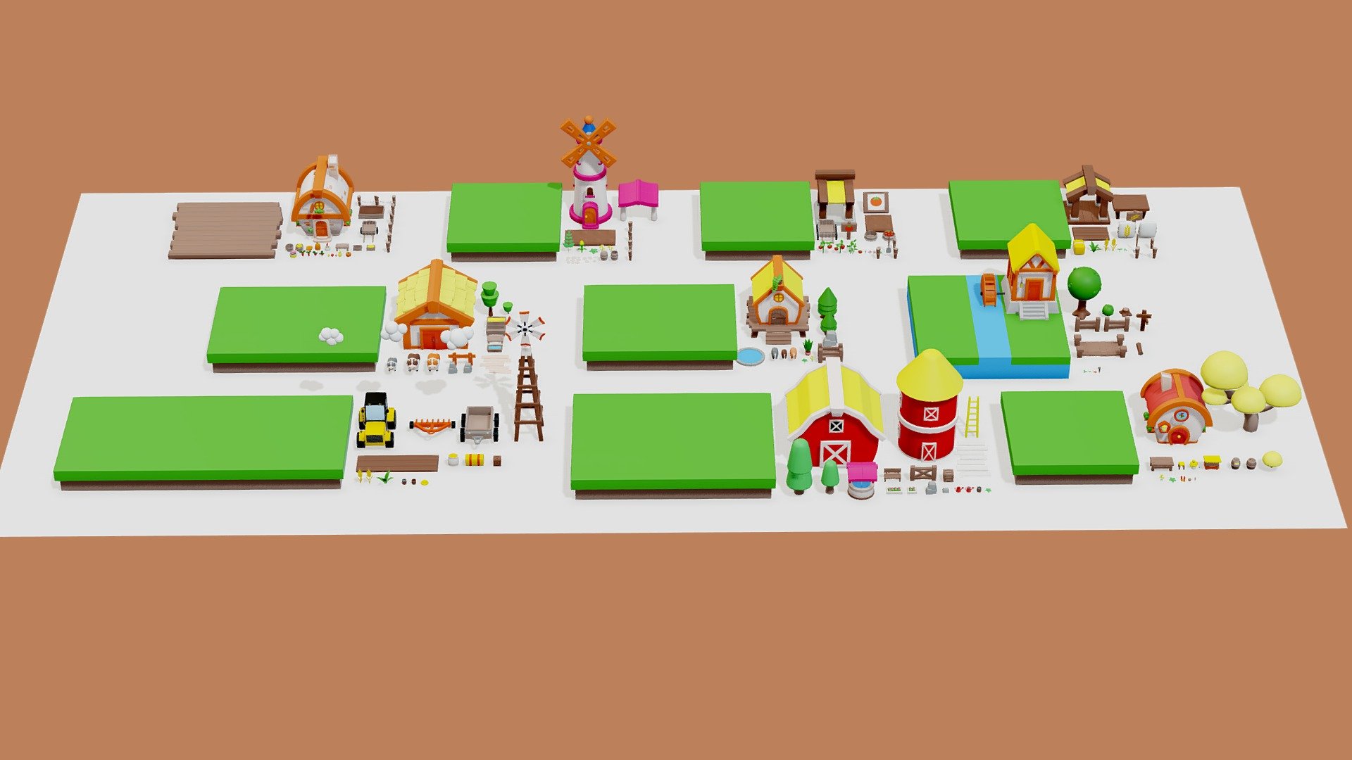 part of Cartoon Farm Islands / Exteriors dowload here

One texture (2048/1024/512/256/128px) and one material are used for the whole set

335 k triangles full set (exteriors)

Exteriors props:




Buildings (houses, mills, barns, warehouses, platforms, well)

Landscape/Vegetation (trees, stump, lake, paths, stones, bushes, gardens, plants, flowers, carrots, beets, apples, corns, turnip, pumpkin, tomatos, wheat ear)

Animals (cows, pigs, chikens, bees)

Props (tractor, tractor plow, trailer, carts, buckes, boxes, benches, fences, barrels, paths, sighns, shovel, haystacks, bridge, log, axe, lamps, ladder, waterings can and much more)

Files: Unity \ Unreal Engine 5.2 package (is compatible with version UE 5.3 / 5.4) \ Blender \ fbx \ obj \ glTF

If you have any questions feel free to contact us