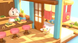 Sushi Time room, train, fish, cat, cute, chick, happy, restaurant, animals, chicken, sun, diorama, kawaii, isometric, sushi, hen, tramway, sunrays, isometricroomchallenge, cartoon, wood, l3x