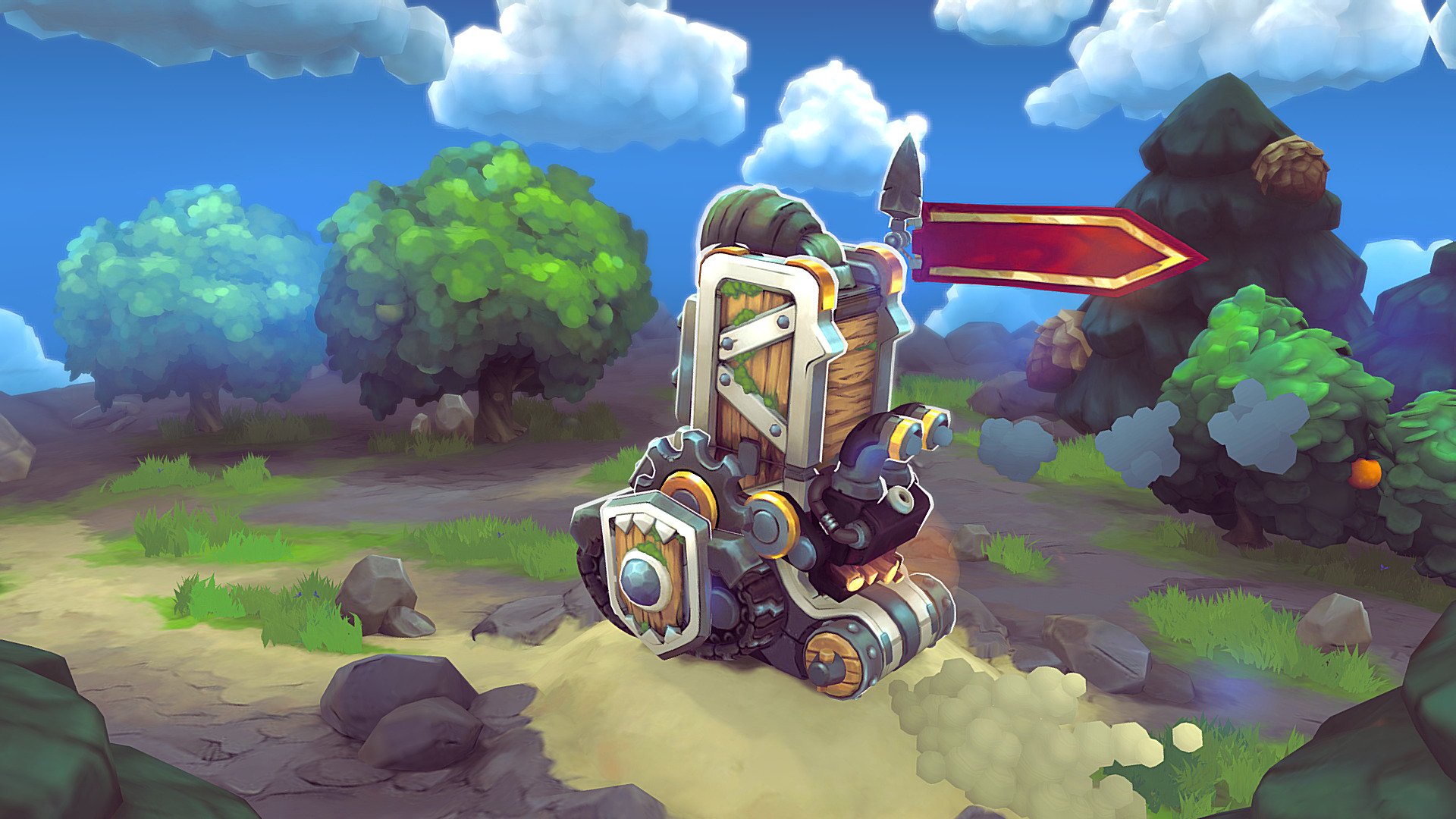 Look dev of a side project I had been working at.  Handpainted diffuse textures over medium poly. Lighting maps baked all around, no shader or normal map use . Tank's geometry have been tweaked by editing surface custom normals for game engine use. 

More material of it in Artstation  https://www.artstation.com/artwork/493Ddq