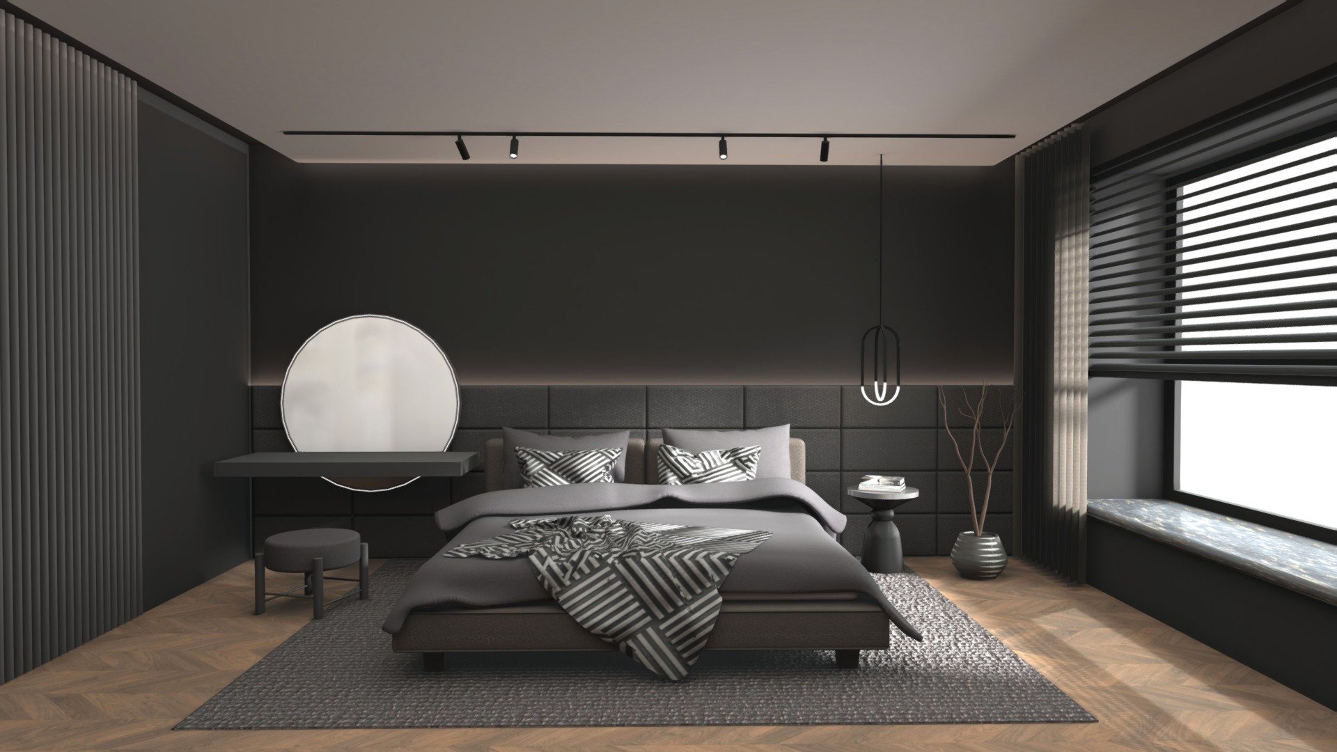 This is a bedroom in a modern apartment.
Big windows, comfy beds. A small dresser next to the bed.
The darker tone of entire room makes it easy to immerse yourself in sleep and get a good rest.
Textures baked.