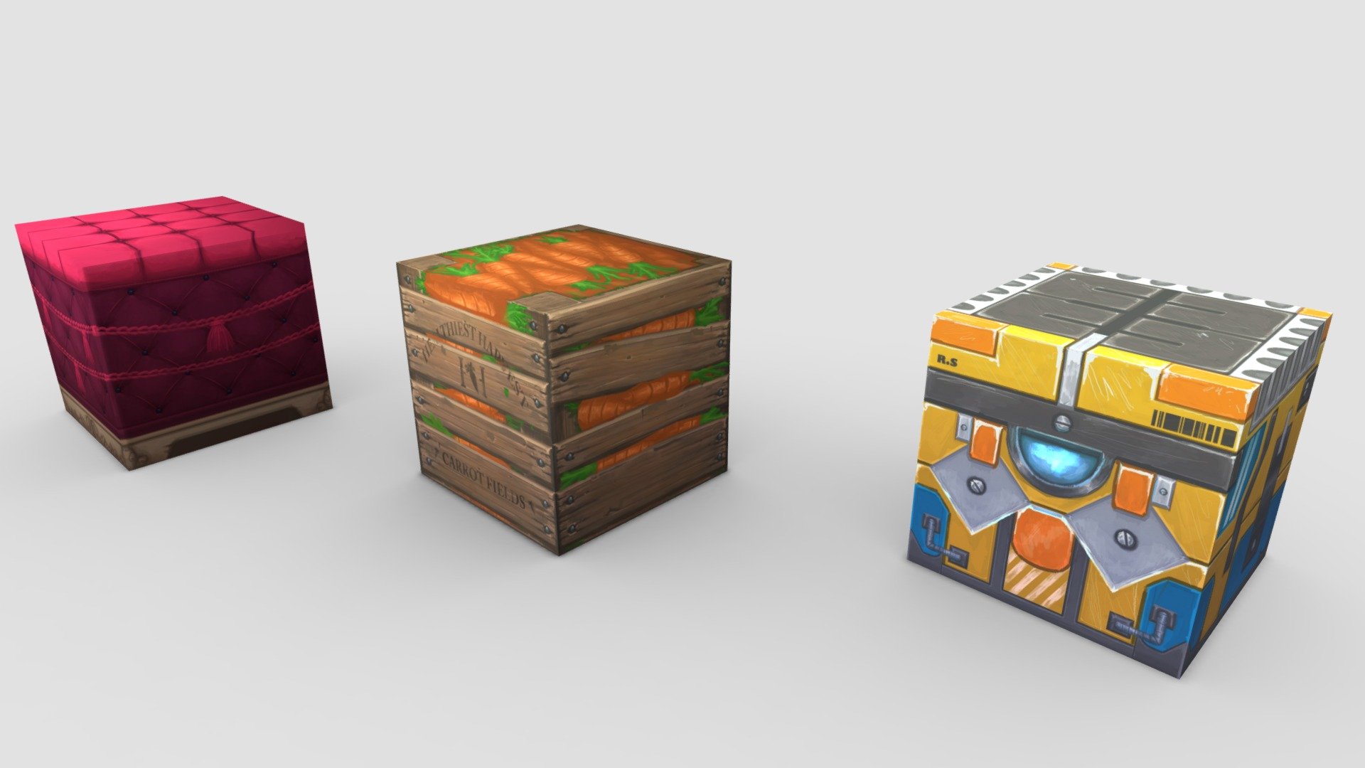 Over the course of the summer I made quite some 3D hand painted props for Ashleigh Warner's CGMA course: Creating Stylized Game Assets. 

This is the assignment for the first week, we had to create three cubes with all of them having an unique theme. The focus in this assignment was on creating a texture with two unique sides, focusing on painting. 

The cube on the left is a stool, the one in the middle a crate with carrots and the one on the far right is just a &lsquo;tech' box. 

These were created in Autodesk Maya, 3D Coat &amp; Photoshop.