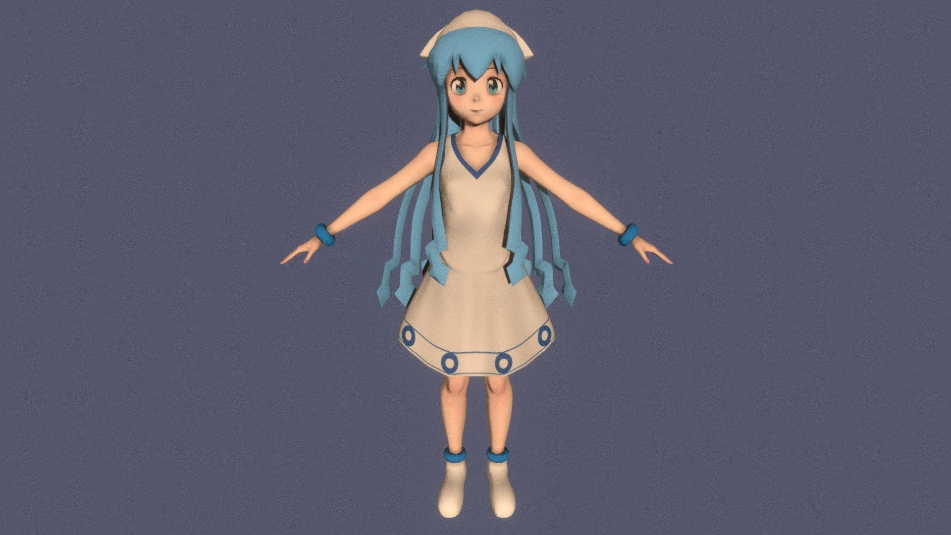 T-pose rigged model of anime girl Ika Musume (Shinryaku! Ika Musume).

Body and clothings are rigged and skinned by 3ds Max CAT system.

Eye direction and facial animation controlled by Morpher modifier / Shape Keys / Blendshape.

This product include .FBX (ver. 7200) and .MAX (ver. 2010) files.

3ds Max version is turbosmoothed to give a high quality render (as you can see here).

Original main body mesh have ~7.000 polys.

This 3D model may need some tweaking to adapt the rig system to games engine and other platforms.

I support convert model to various file formats (the rig data will be lost in this process): 3DS; AI; ASE; DAE; DWF; DWG; DXF; FLT; HTR; IGS; M3G; MQO; OBJ; SAT; STL; W3D; WRL; X.

You could purchase my model at: bit.ly/41y1JDe

And I can make commission models.

If you have any questions, please contact me via my email 3d.eden.project@gmail.com.