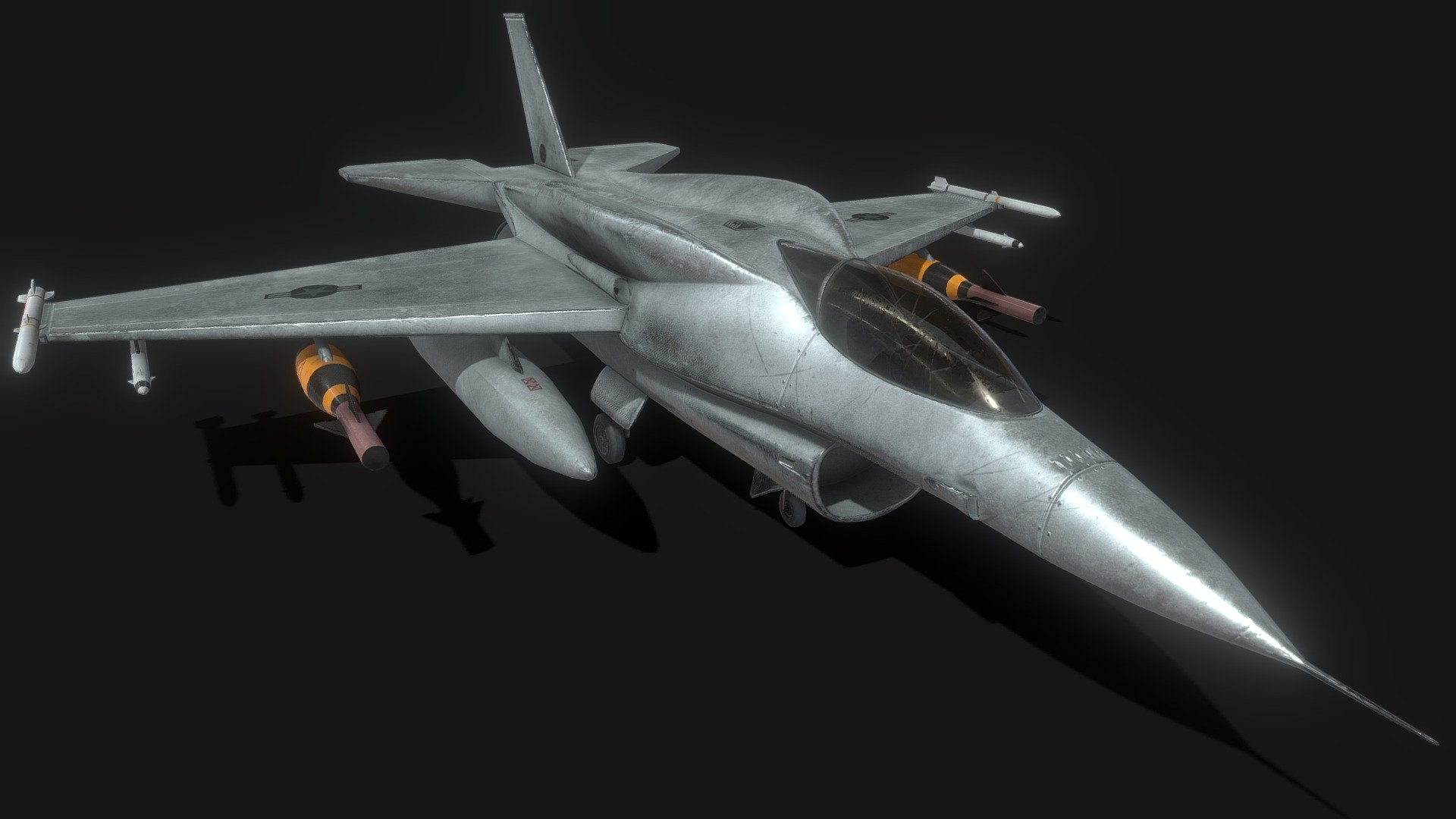 A realistic Fighter Jet!

This is a fictional model based on the F-16 Falcon.

The (S) is a totally new texture set for the body!

Designed for games in low-poly PBR and fully rigged and animated with landing gear, and interior cockpit with rigged controls. You can easily cover the screens with your own HD images or UI with a simple plane. 2 Shared materials for the Body, and cockpit in 4K PNG Format. Enjoy!!

31611 Triangles.
