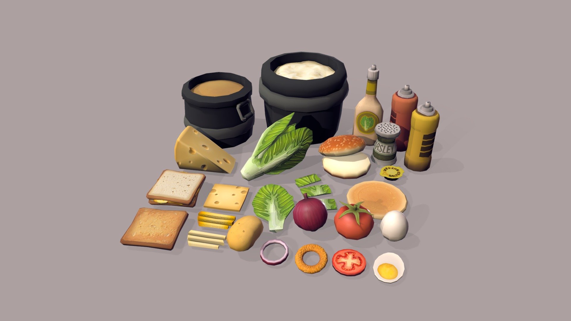 Food assets modelled for a cooking game. However, the project was scrapped. Tried using a mix of photobashing and handpainting for this one.