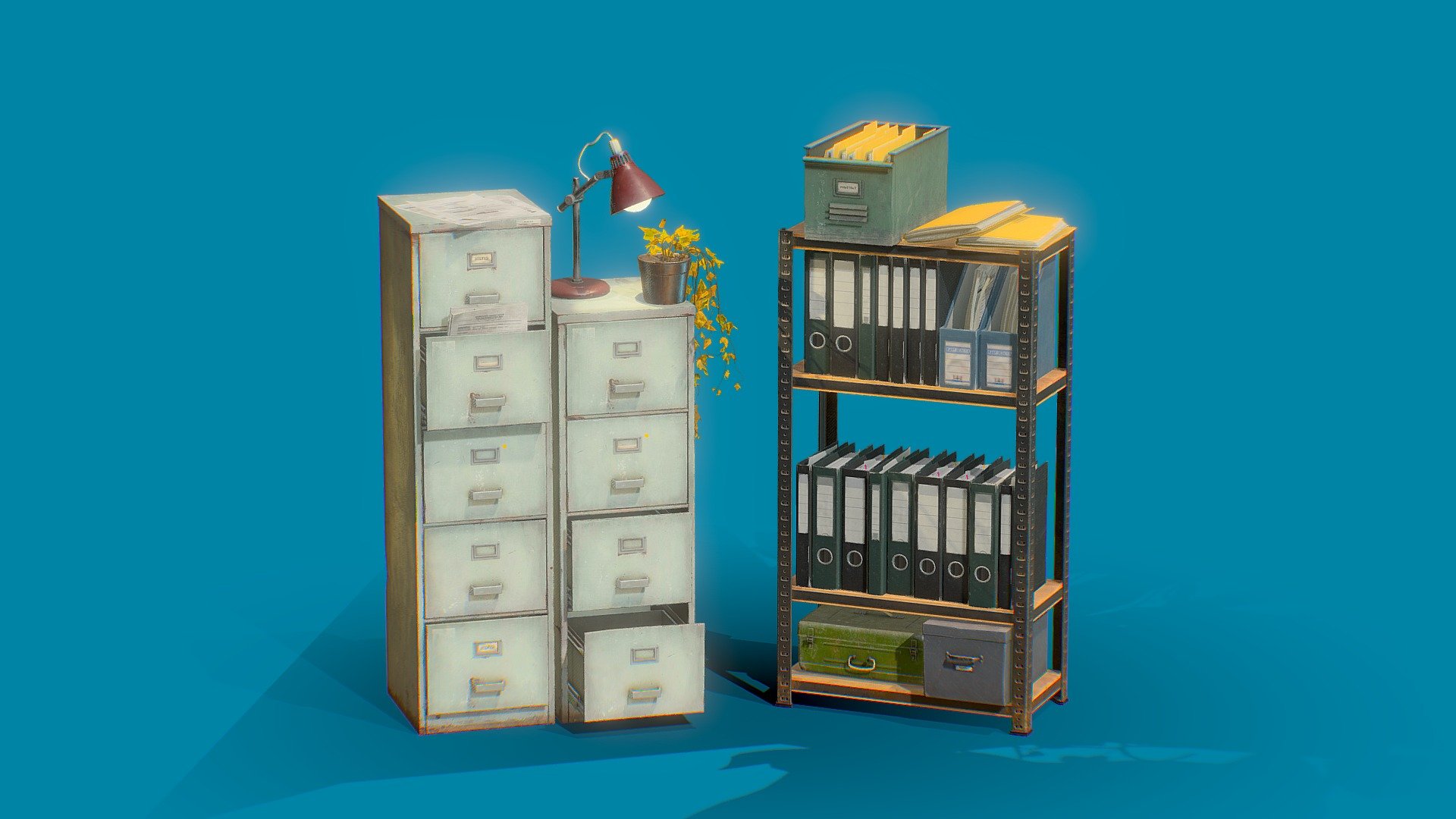 Office Cabinet, Desk Lamp, Shelf, Stroage Boxes,  Misc Files &amp; Papers and a Dying Plant.

If there is an issue with the model or for the 4K textures you can contact me at annieshon3@gmail.com!