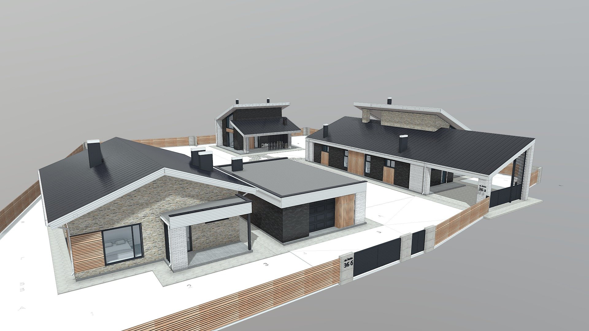 House 1 - 110; 
House 2 - 130;
Sauna+guest - 60; 
Garage+guest - 70
Сanopy - 50