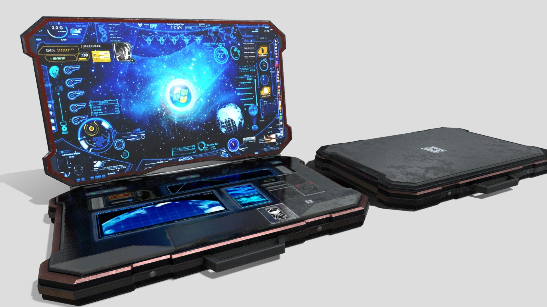 If you download this free model, please consider hitting the star button and leaving a like! Thanks!

NoAI: This model may not be used in datasets for, in the development of, or as inputs to generative AI programs.

Key Features:

🌌 Sci-Fi Sleek: With a cutting-edge design, this laptop blends seamlessly into futuristic or cyberpunk settings.

📸 PBR Textures: Leveraging both procedural and hand-painted PBR materials, the model punches well above its polygon count in terms of detail.

🌍 Two-for-One: Includes both an open and closed version of the laptop, offering flexibility for different scene requirements.

💻 Versatile Use: Perfect for tech-savvy narratives, educational content, or integration into real-time game engines.

This Futuristic Laptop is more than just eye candy—it's &ldquo;byte candy
