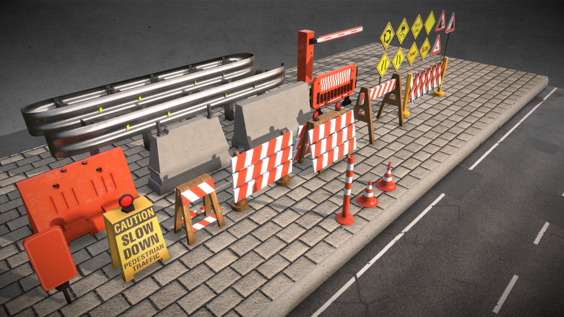 Set of various street road signs and traffic barriers.