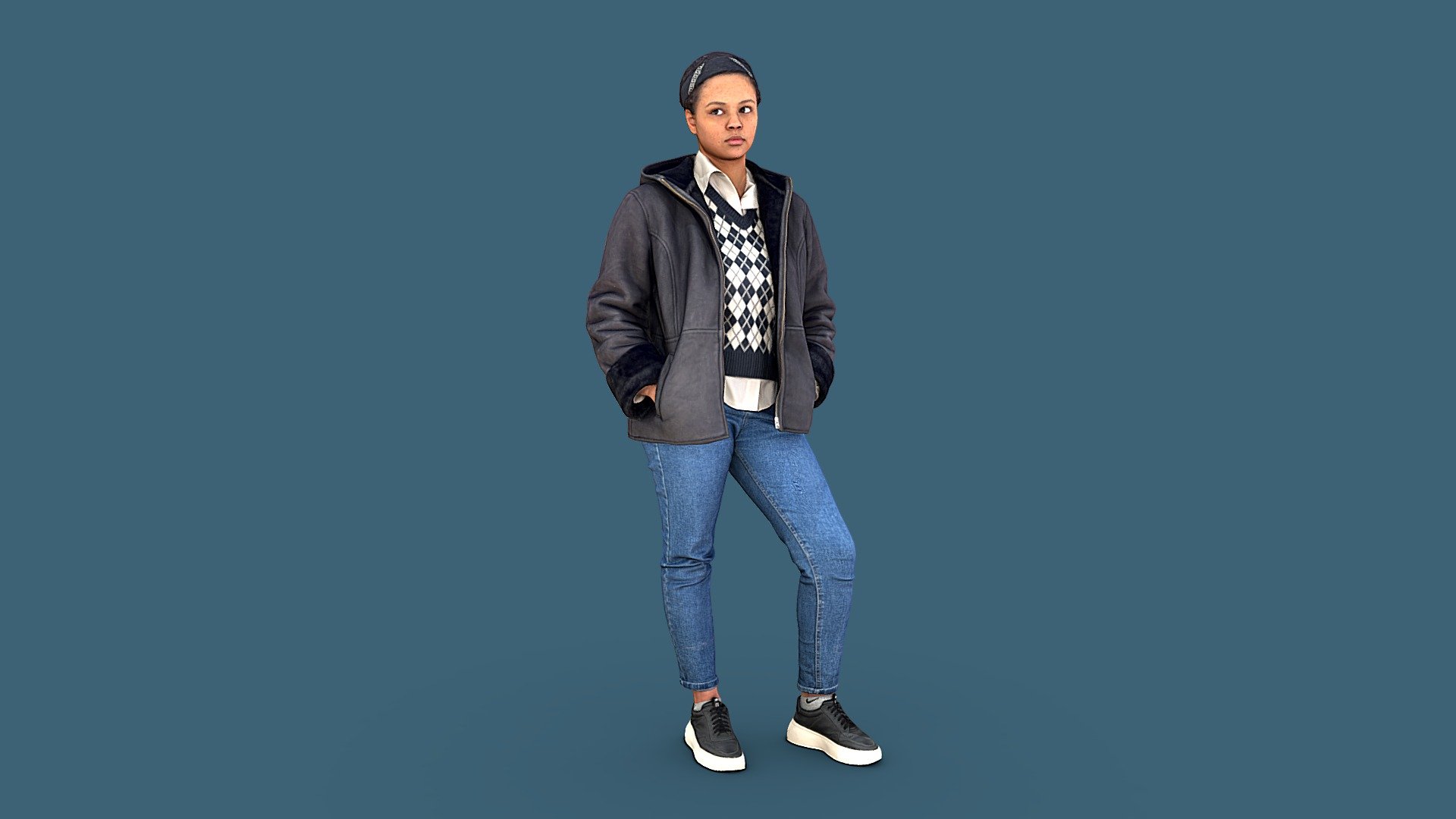 Follow us on Instagram 👍🏻

✉️ There is a young mulatto in outerwear and looks to the left with interest. She is dressed in tight blue jeans, platform sneakers, a white shirt, a black and white plaid vest, a black sheepskin coat on top, and a bandana tied around her hair.

🦾 This model will be an excellent mid-range participant. It does not need to be very close and try to see the details, it reveals and demonstrates its texture as much as possible in case of a certain distance from the foreground.

⚙️ Photorealistic Casual Character 3d model ready for Virtual Reality (VR), Augmented Reality (AR), games and other real-time apps. Suitable for the architectural visualization and another graphical projects. 50 000 polygons per model.
